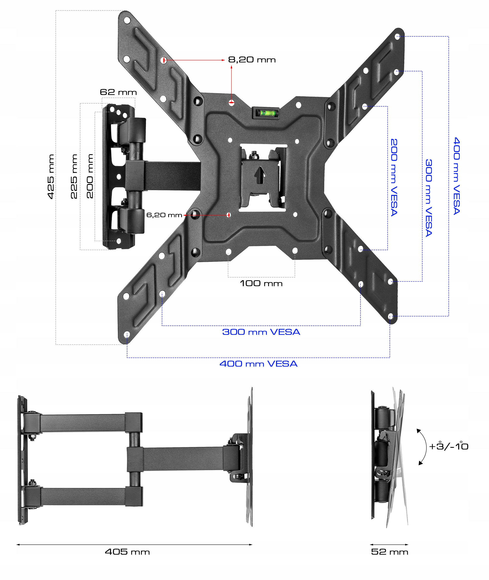 Przegubowy uchwyt TV z wymiarami, czarny, z poziomicą, w trzech widokach.