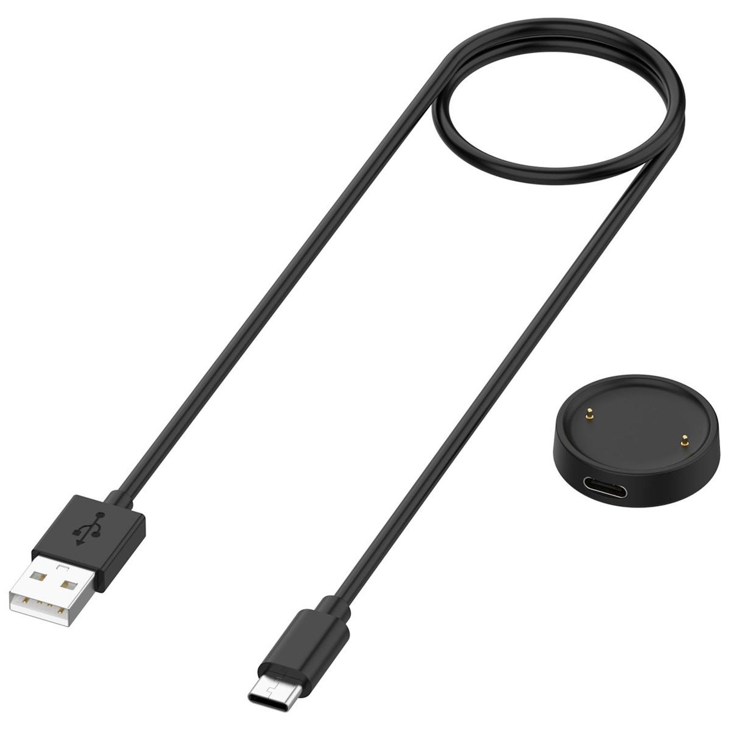 Schwarzes USB-Kabel, Uhrenladegerät und Ladestation. USB- und Typ-C-Anschlüsse.