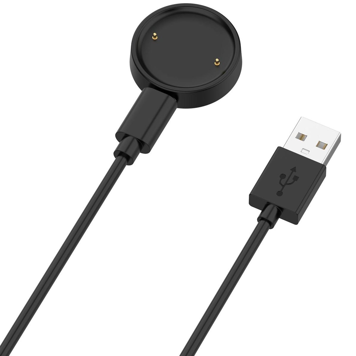 Schwarzes Uhrenladegerät mit schwarzem USB-Kabel. Ladegerät und Kabel sind schwarz.