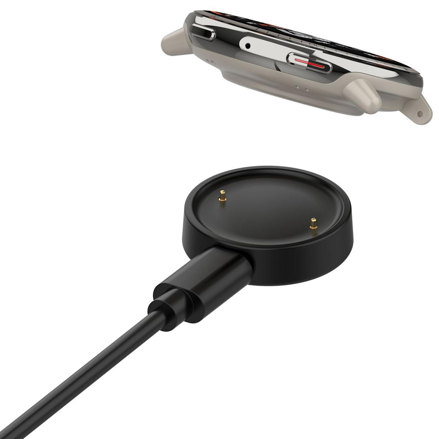 Schwarzes Uhrenladegerät mit schwarzem Kabel. Eine Uhr ist teilweise über dem Ladegerät sichtbar.