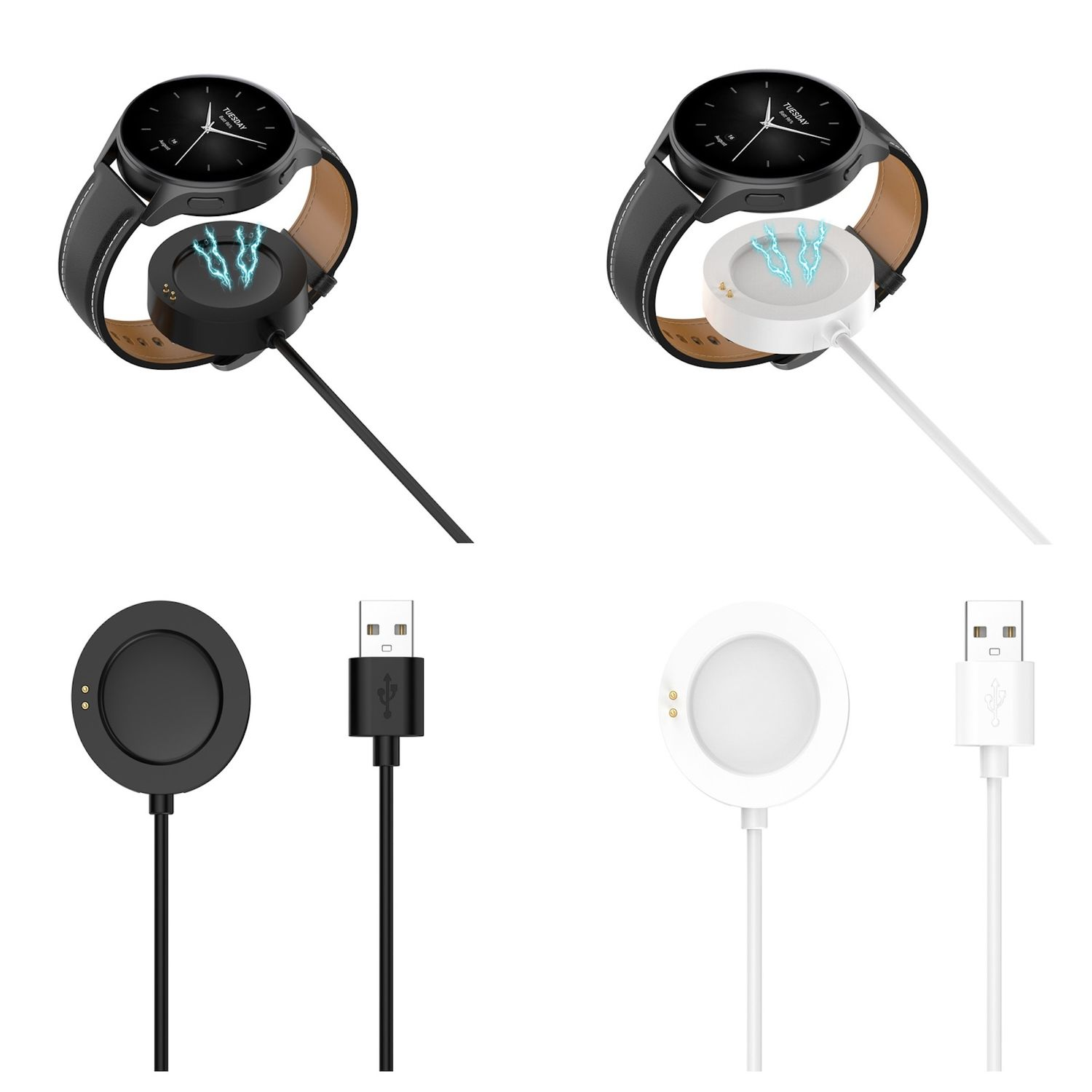 Smartwatch-Aufladung mit Ladegerät und Kabelkomponenten.