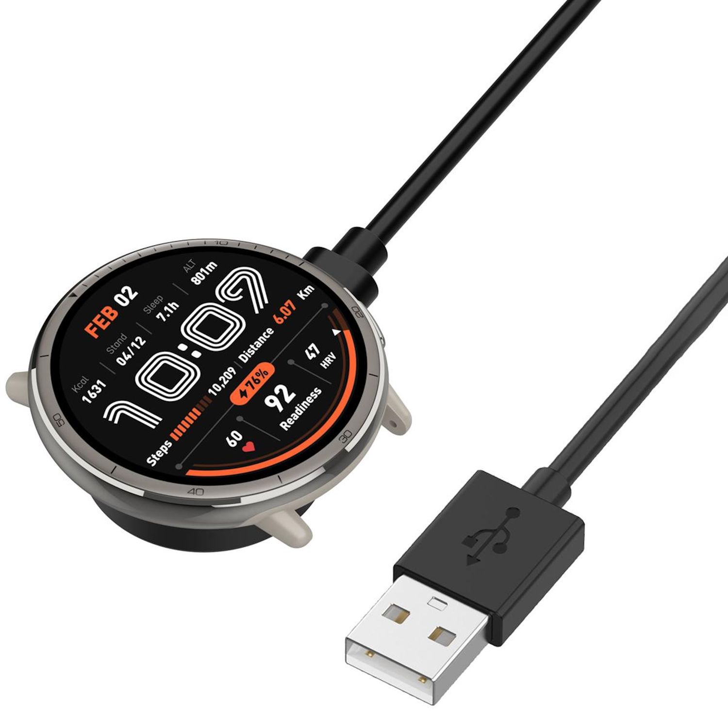 Smartwatch wird geladen. Zeigt Zeit, Schritte und Akku.