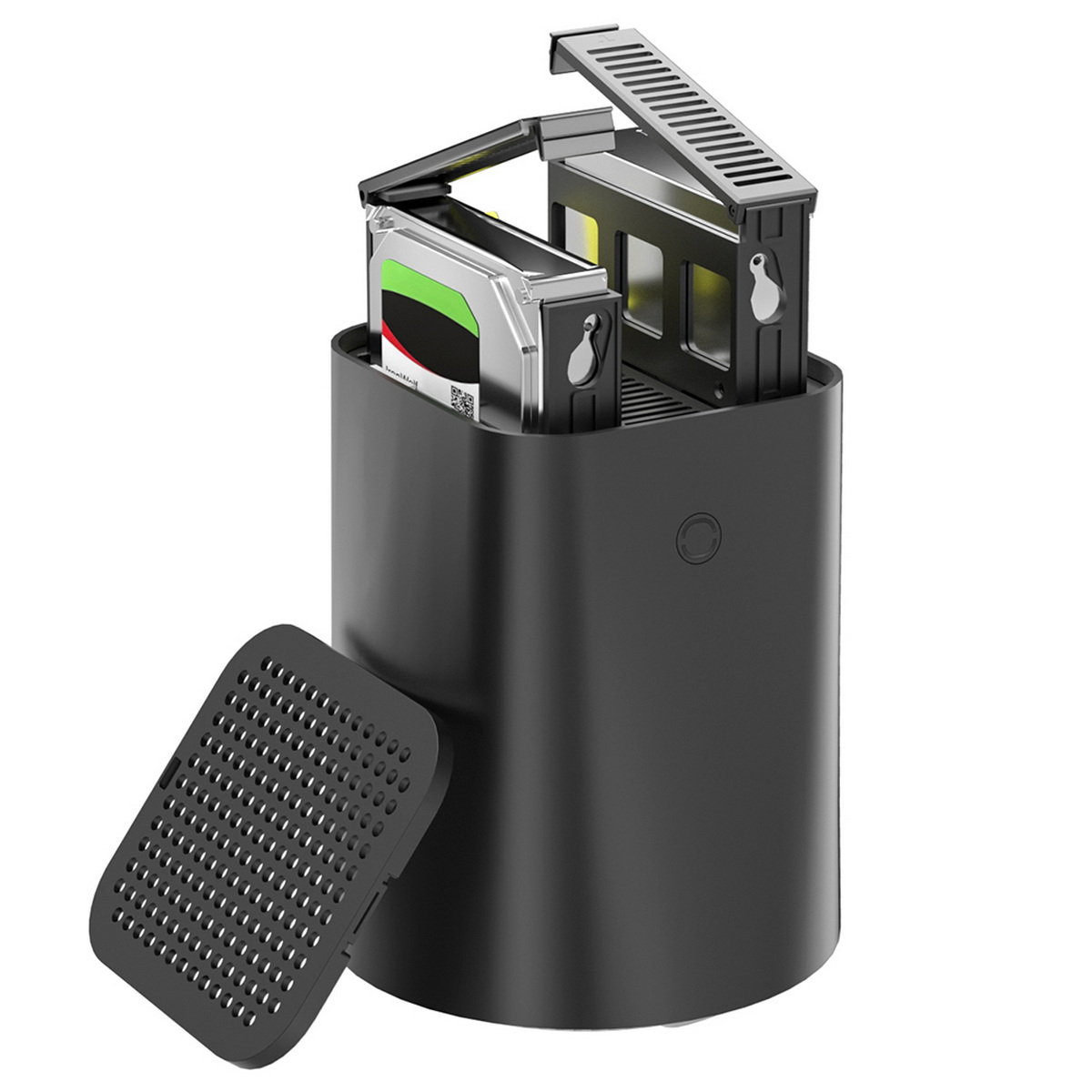 Czarna obudowa dysku twardego z dwoma napędami i otwartą górą. Osłona wentylacyjna z przodu.