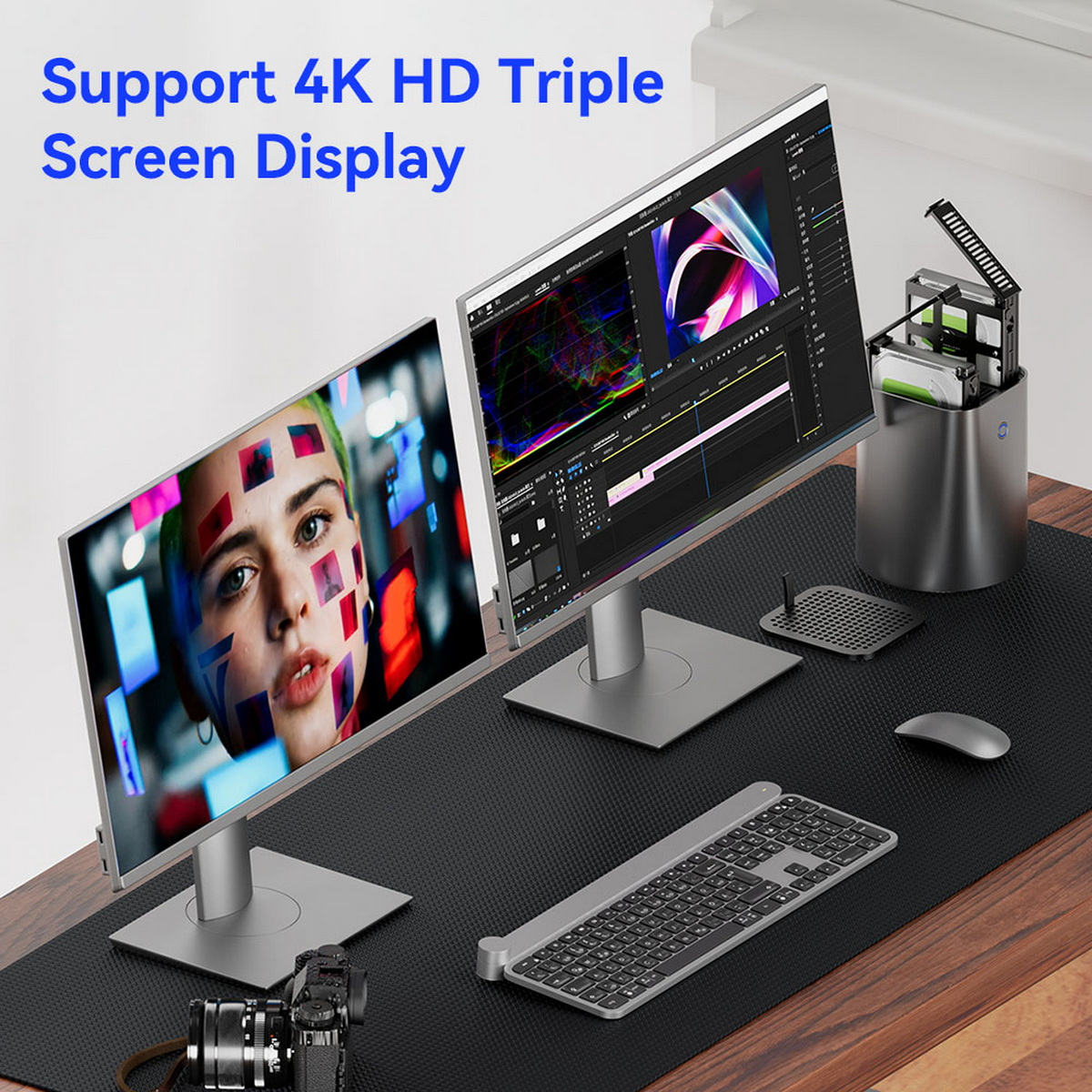 Dwa monitory wyświetlają twarz kobiety i oprogramowanie do edycji. Klawiatura, mysz, aparat i urządzenie pamięci masowej na biurku.