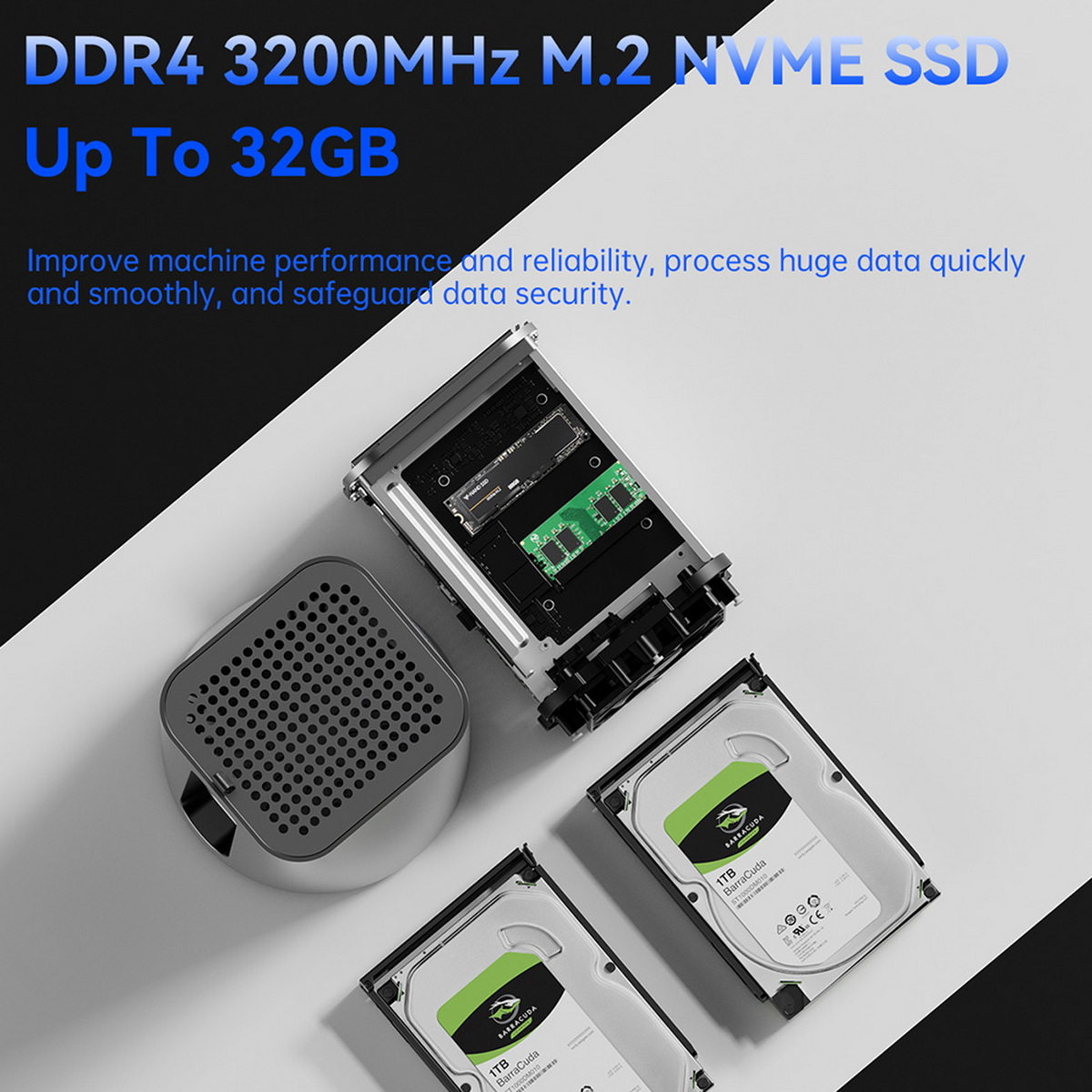 Urządzenie pamięci masowej z trzema dyskami twardymi, wentylatorem chłodzącym. Dyski są zielone, czarne i srebrne.