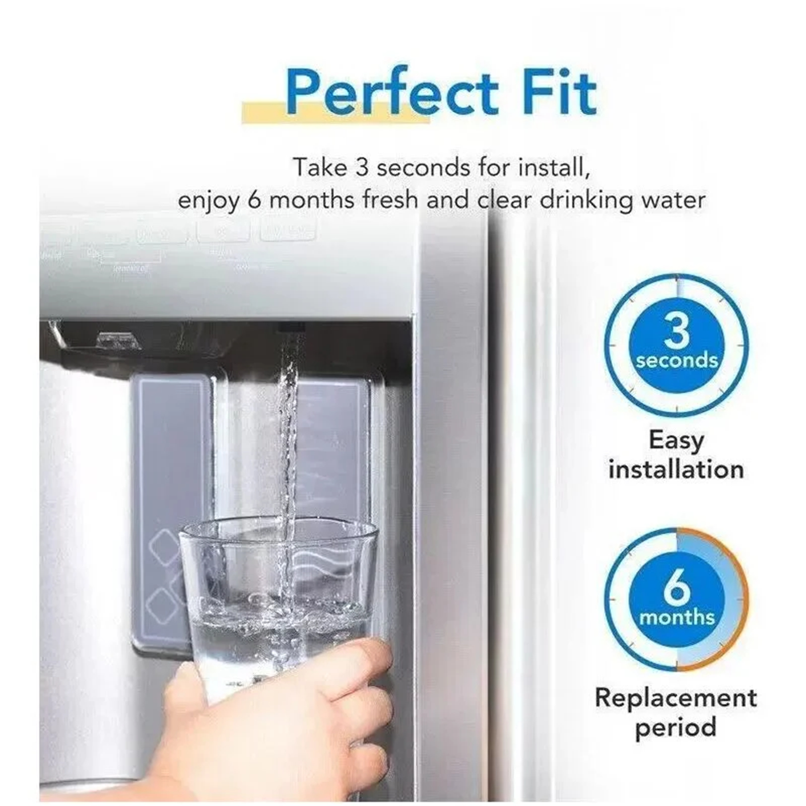 Wasser fließt aus einem Kühlschrank in ein Glas. Text: Perfekte Passform, einfache Installation, 6 Monate Wasser.