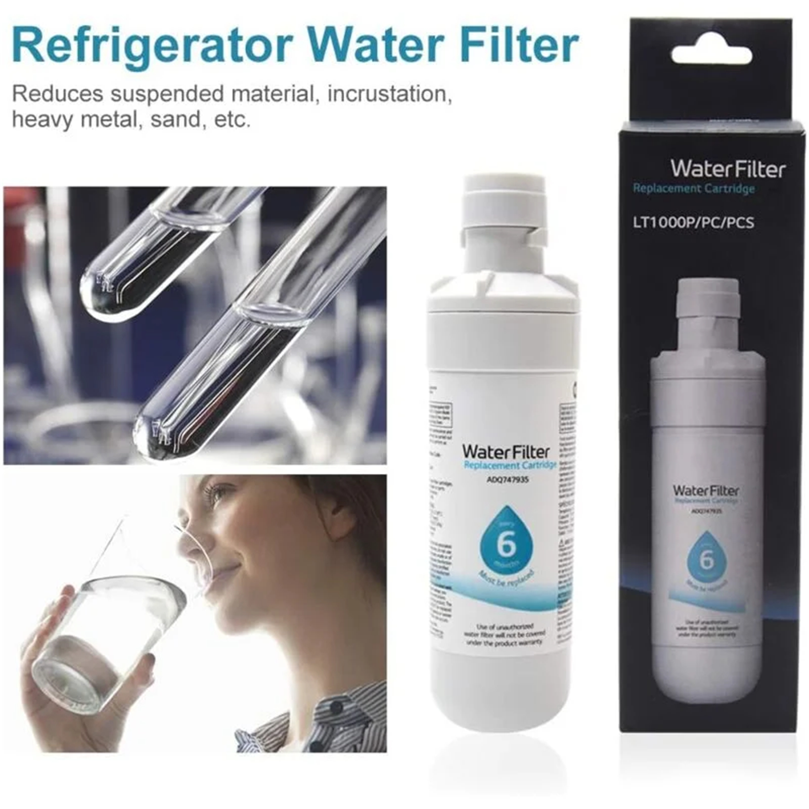 Wasserfilter mit Komponenten und einer Frau, die Wasser trinkt. Text hebt Filtration und Ersatz hervor.