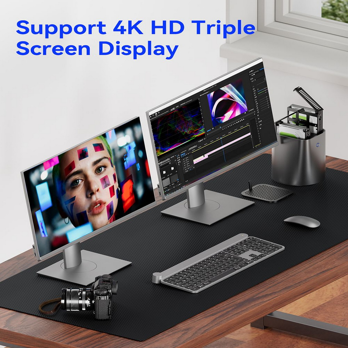 Dwa monitory z twarzą kobiety i oprogramowaniem do edycji. Klawiatura, mysz, aparat i chłodnica.