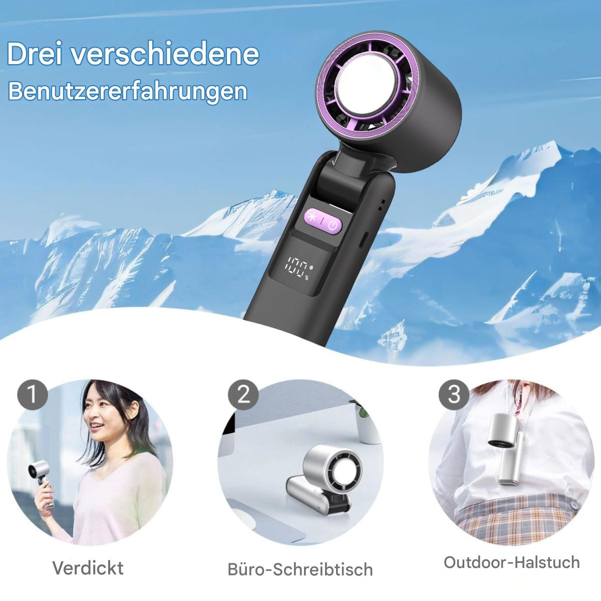 Ein schwarzer und ein silberner Handventilator. Der Ventilator kann auf drei verschiedene Arten verwendet werden.