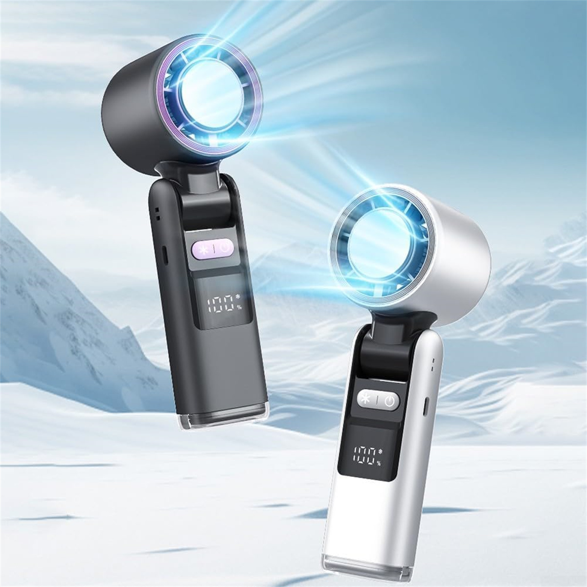 Zwei tragbare Ventilatoren mit blauem Licht. Der Hintergrund ist eine schneebedeckte Landschaft.