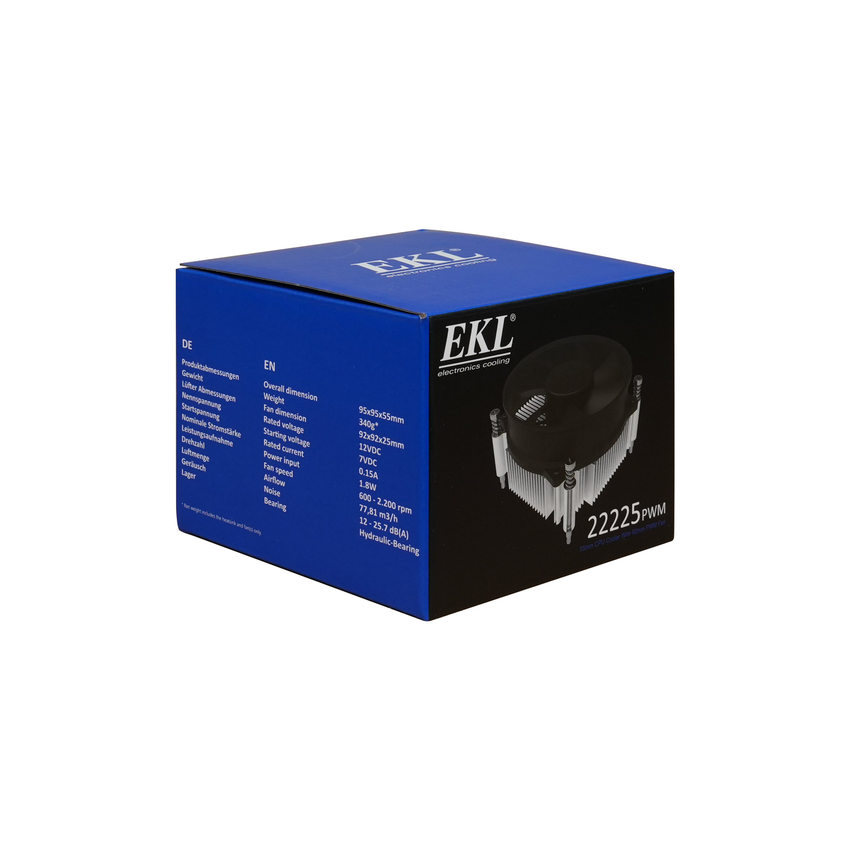 Caja con logo EKL y texto, 22225PWM, con ventilador negro y disipador de calor plateado.