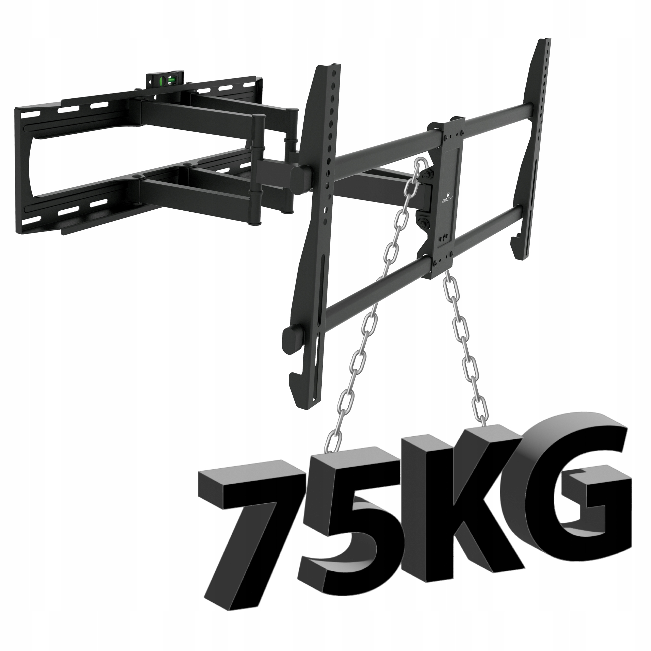 Czarny uchwyt TV z ramionami wspornikowymi. Nakładki tekstowe wskazują udźwig 75KG.