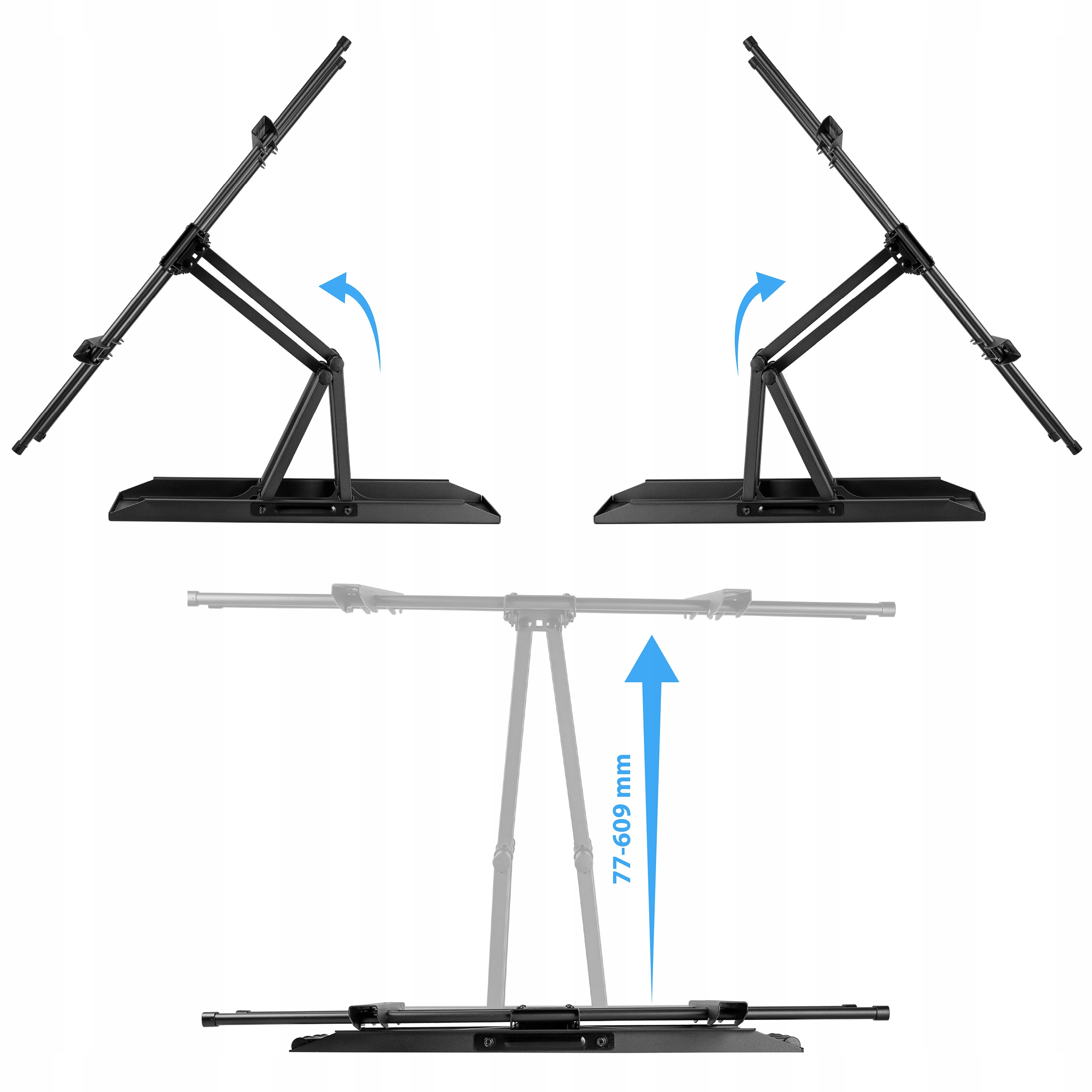 Uchwyt ścienny do telewizora z regulowanymi ramionami, pokazujący ruch i zakres ruchu.