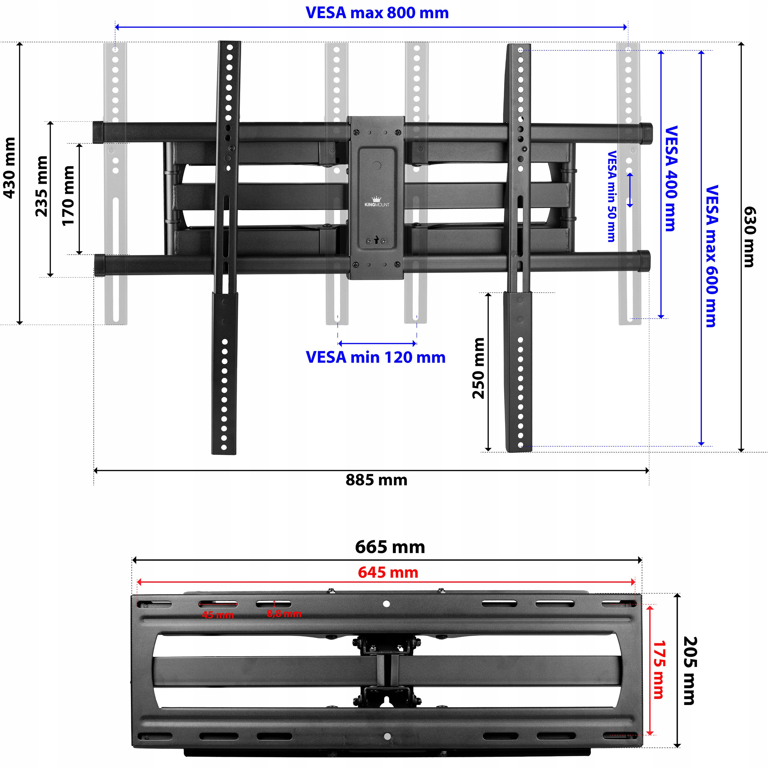 Schemat uchwytu ściennego do telewizora z wymiarami, pokazujący VESA i ogólne wymiary.