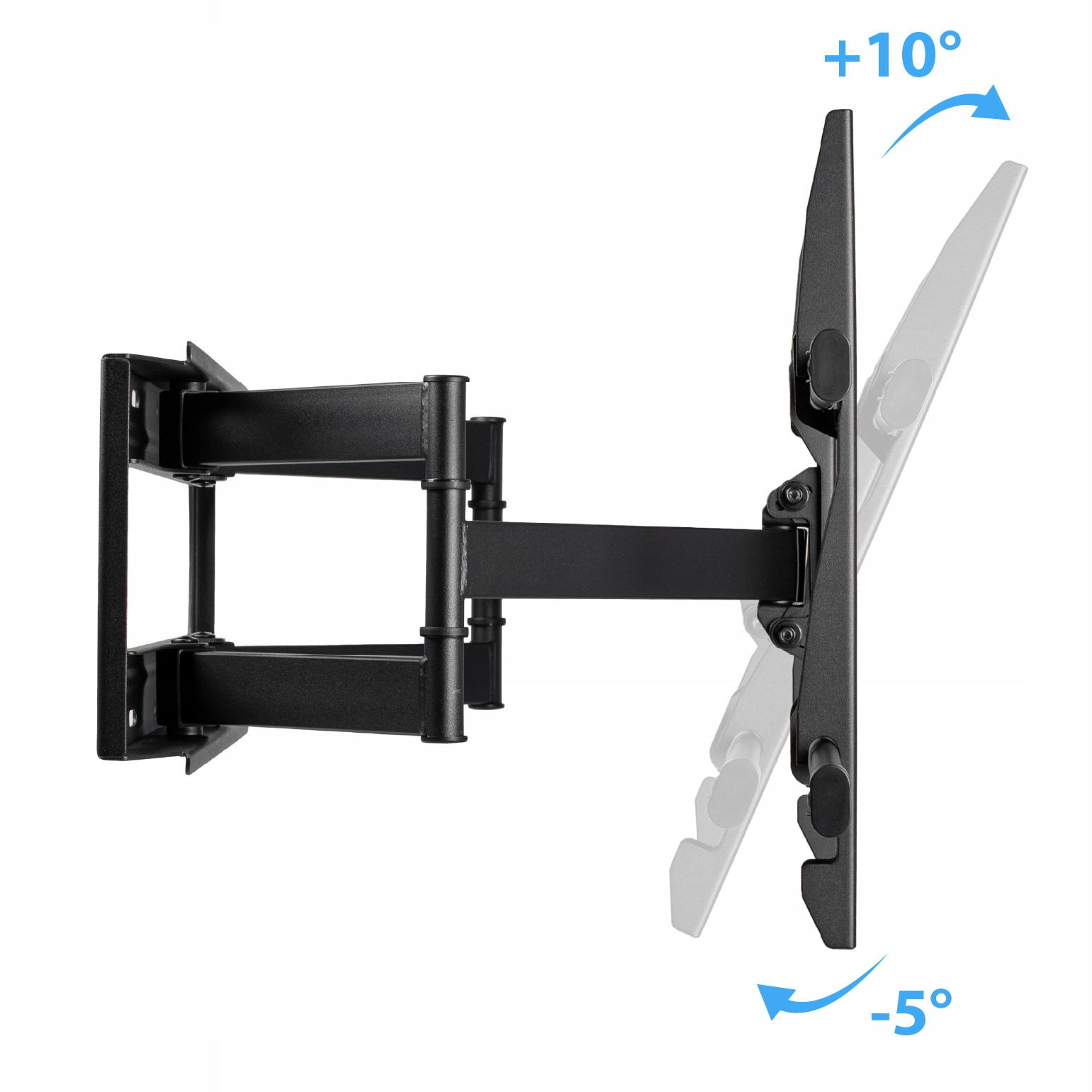 Uchwyt ścienny do telewizora z regulowanymi ramionami, pokazujący kąty pochylenia i obrotu.