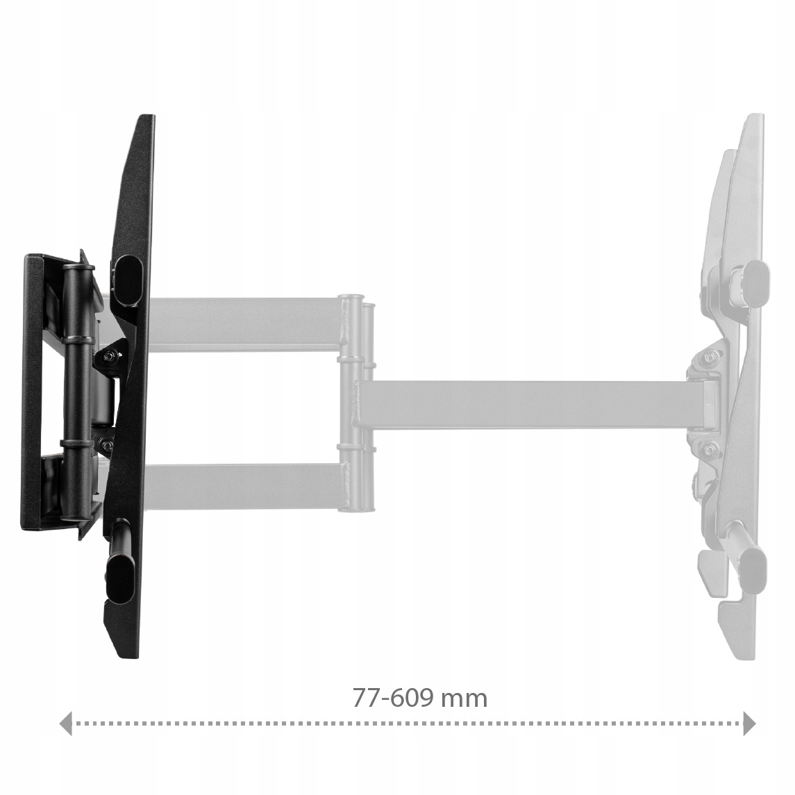 Czarny uchwyt do telewizora z wysuwanym ramieniem. Ramię jest wysunięte na zdjęciu.