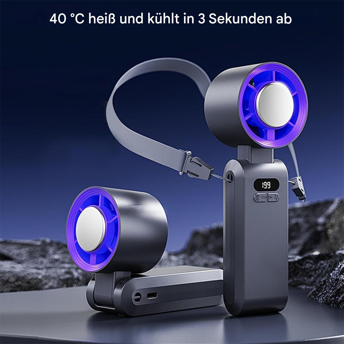 Handventilator mit zwei Lüftern und Digitalanzeige. Blauer Lichteffekt.