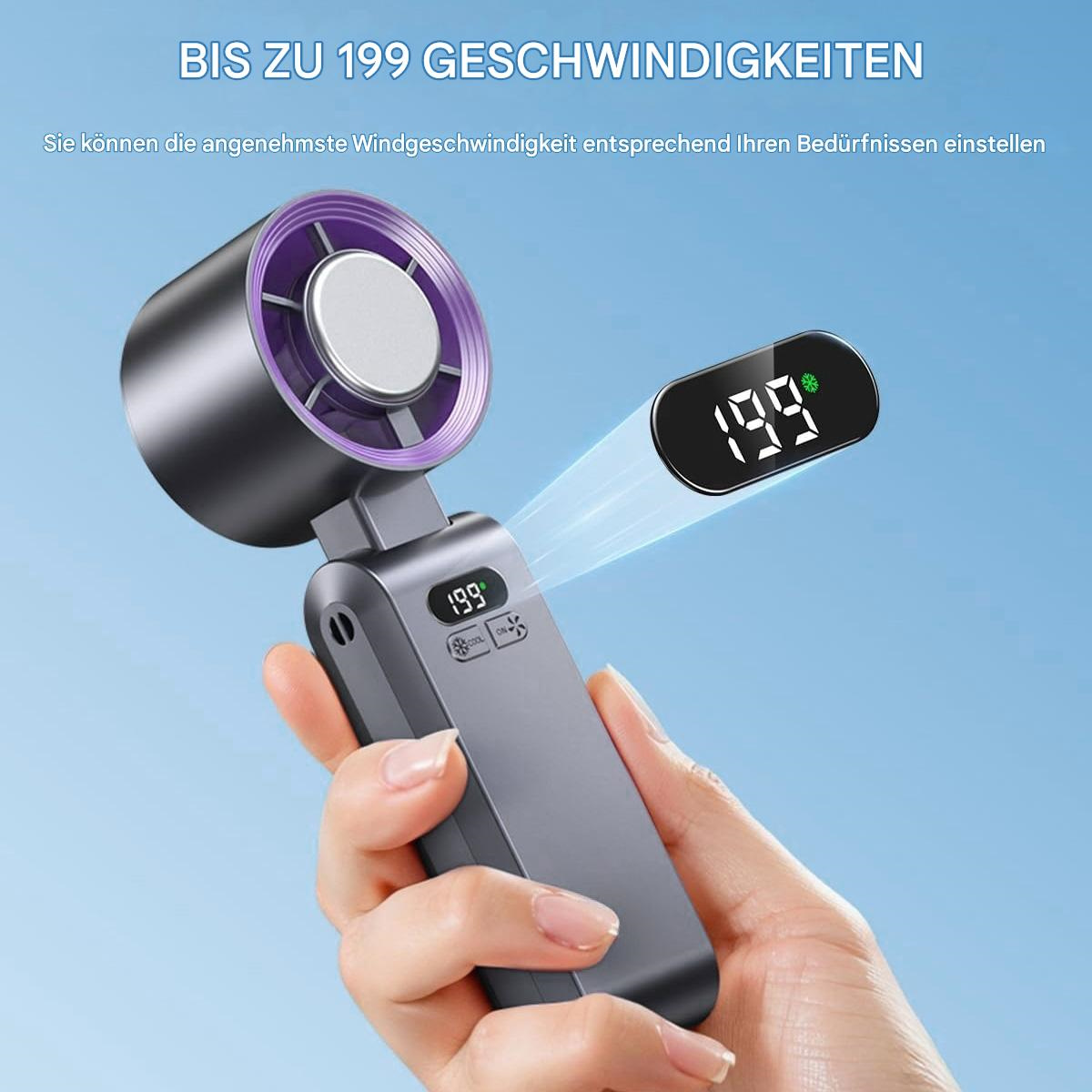 Hand hält einen grau-schwarzen Ventilator mit Anzeige '199'.