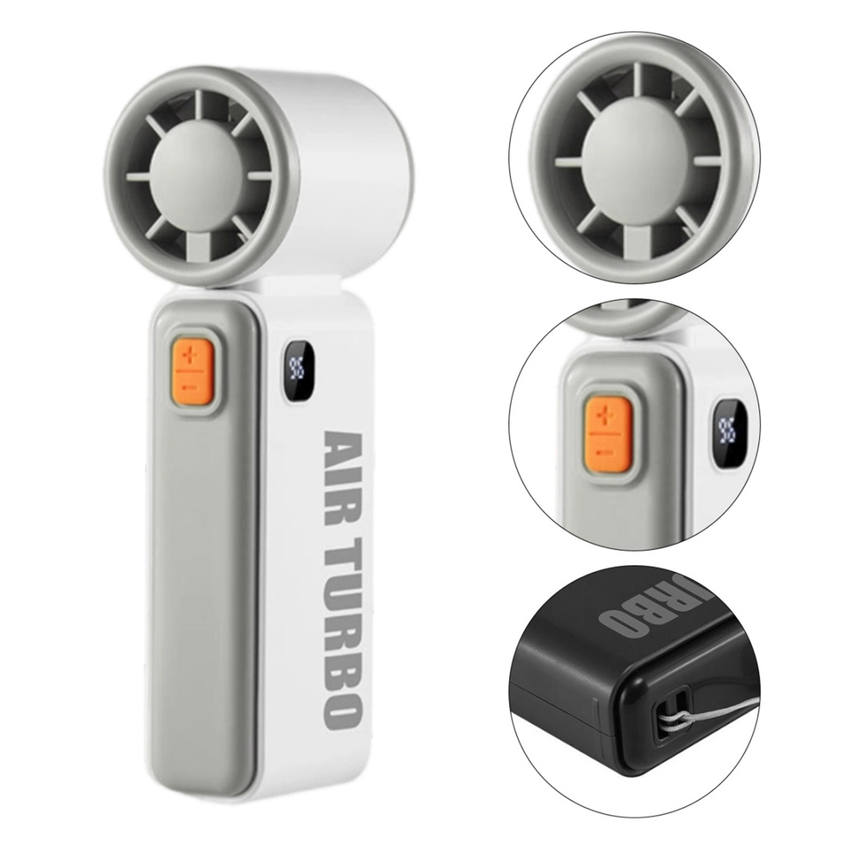 Weiß-grauer Ventilator mit Nahaufnahmen des orangenen Knopfes.