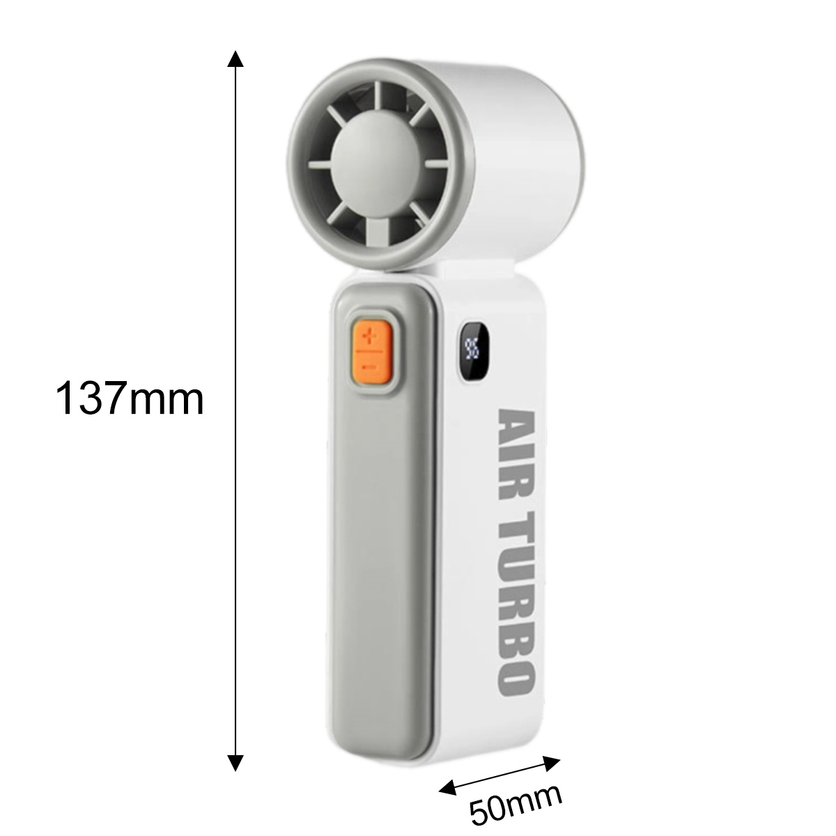 Weiß-grauer Ventilator mit Abmessungen: 137mm hoch, 50mm breit, isoliert.