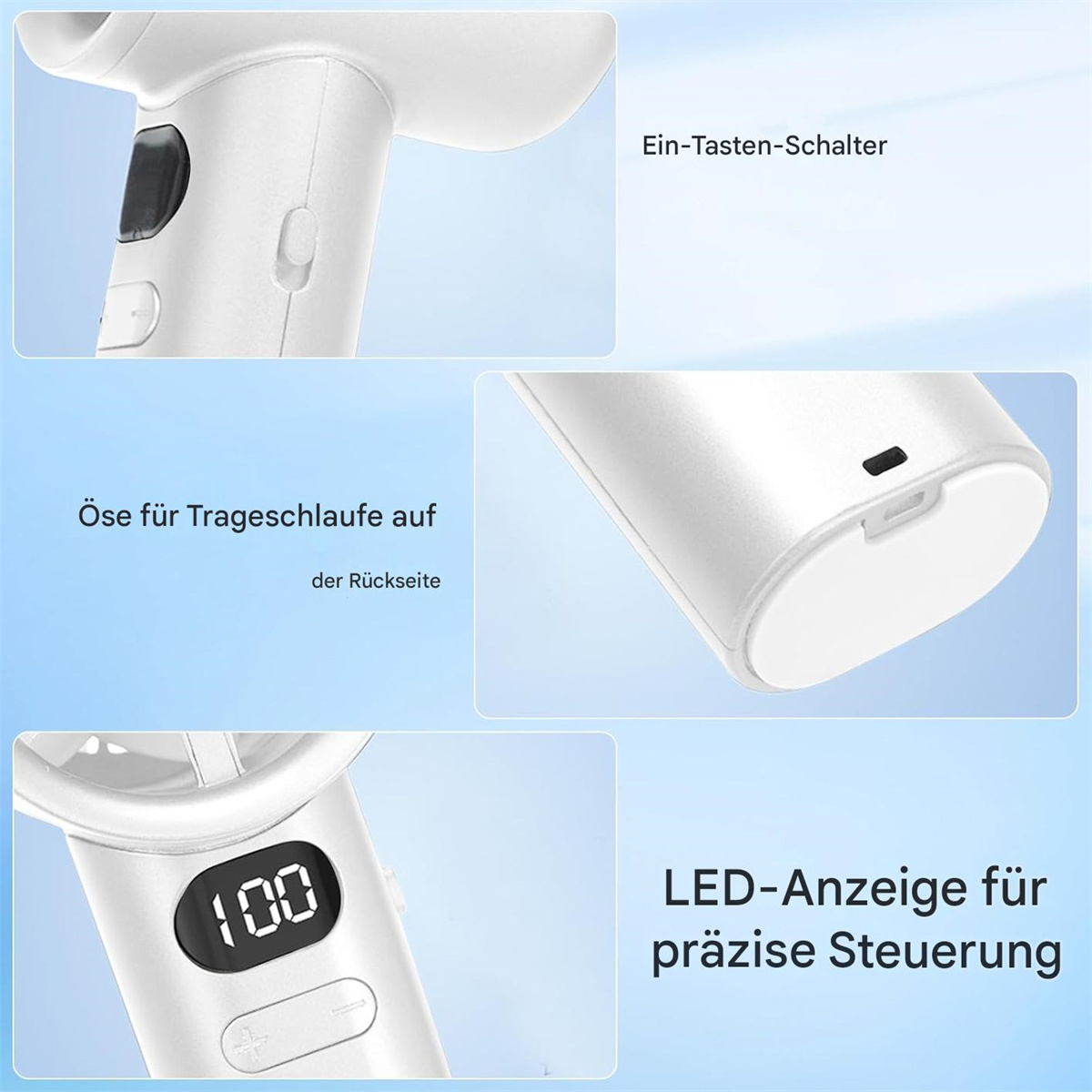 Nahaufnahme eines weißen Handventilators mit Textbeschreibungen. Markiert Schalter, Schlaufe und LED-Anzeige.