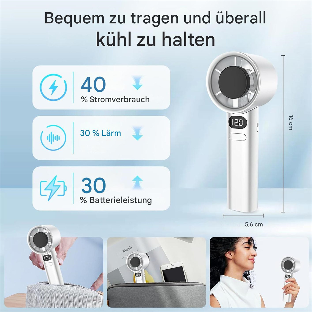 Handventilator mit Text. Enthält Informationen zu Akkulaufzeit, Geräuschreduzierung und Stromverbrauch.