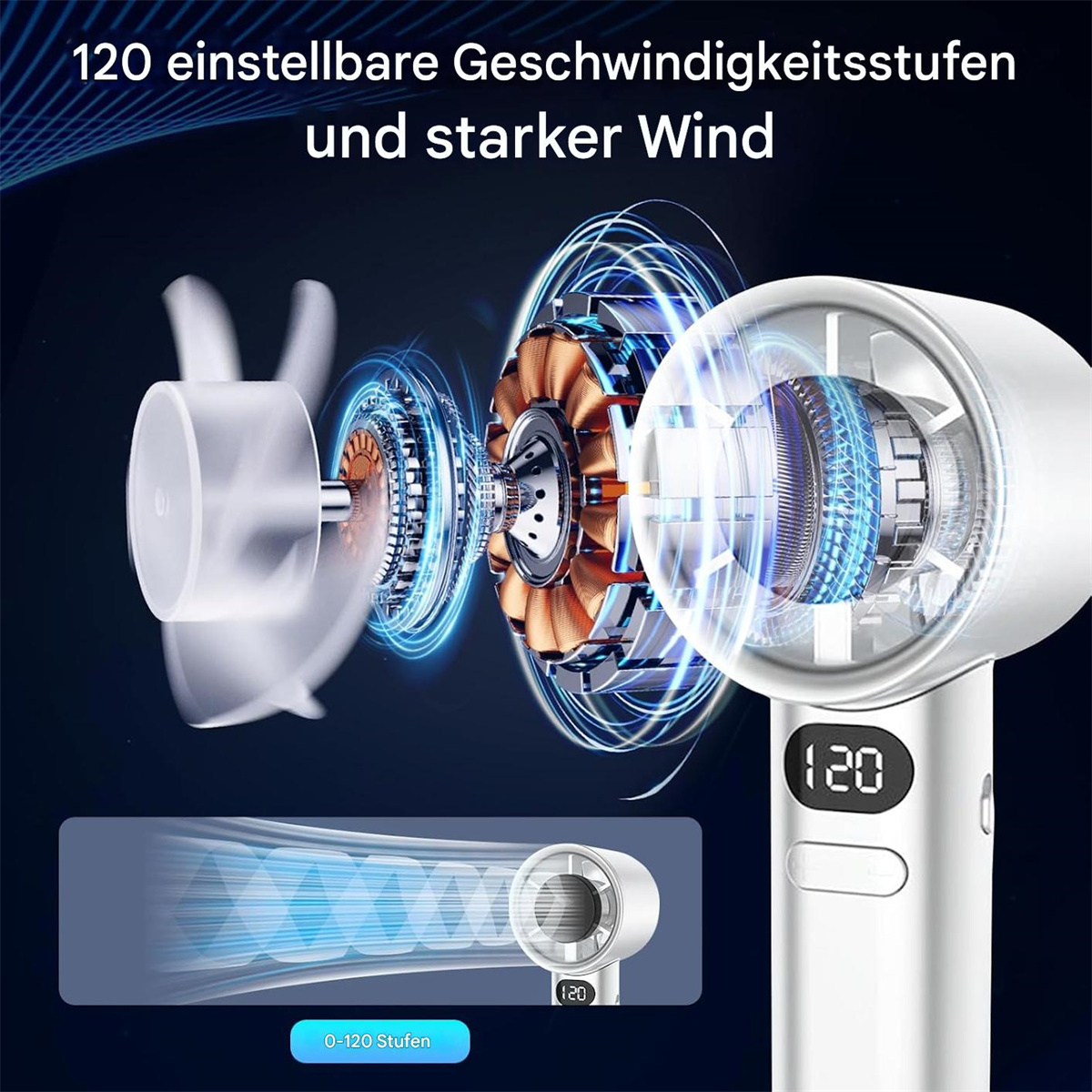 Weißer Haartrockner mit Text. Hebt 120 Geschwindigkeitsstufen und Lüfterblattdetails hervor. Blauer Hintergrund.