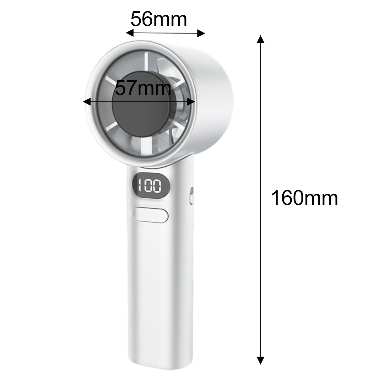 Weißer Handventilator mit Abmessungen. Zeigt 57 mm breit, 56 mm tief und 160 mm hoch.