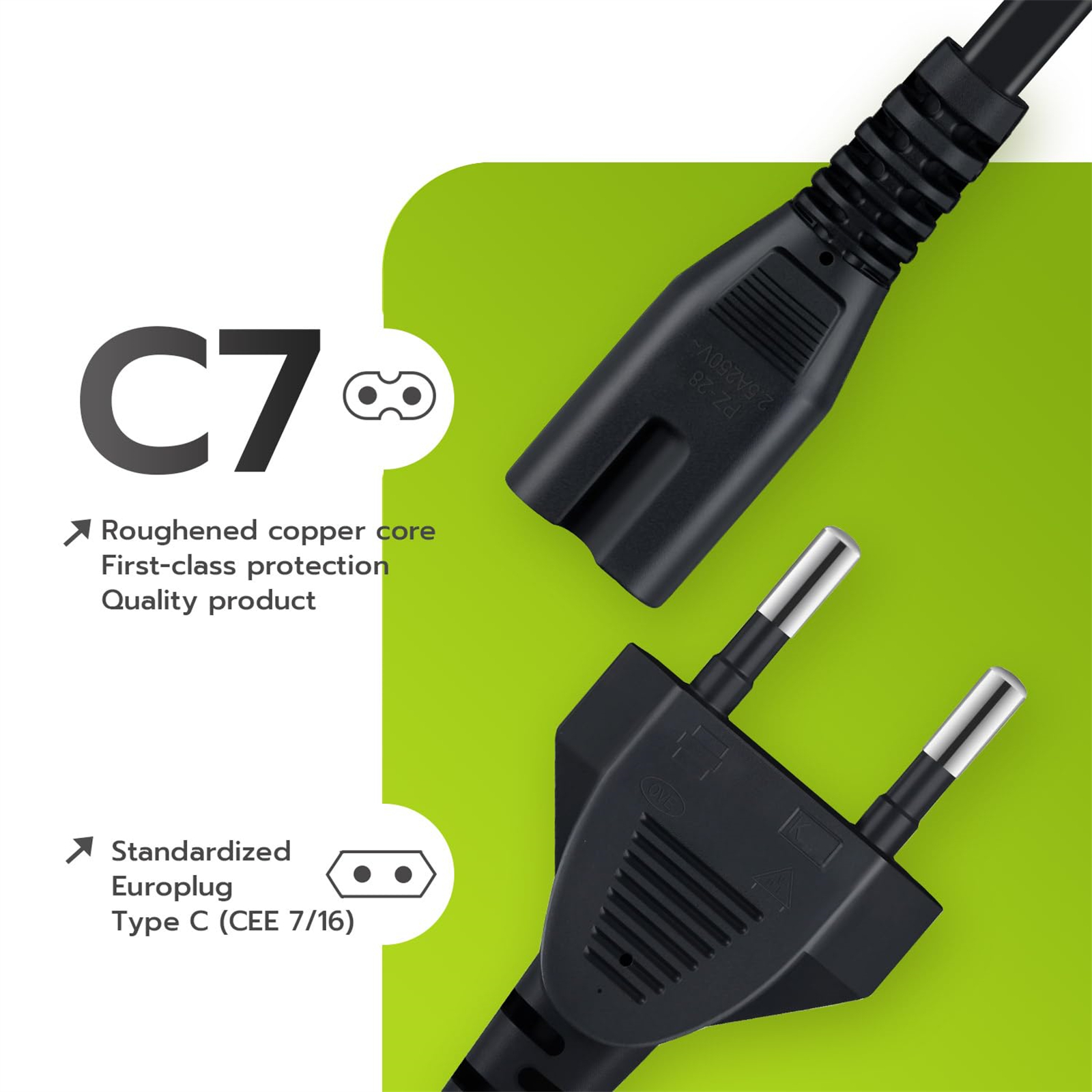 Schwarzes Netzkabel mit C7-Stecker und Eurostecker. Grüner Hintergrund mit Produktdetails.