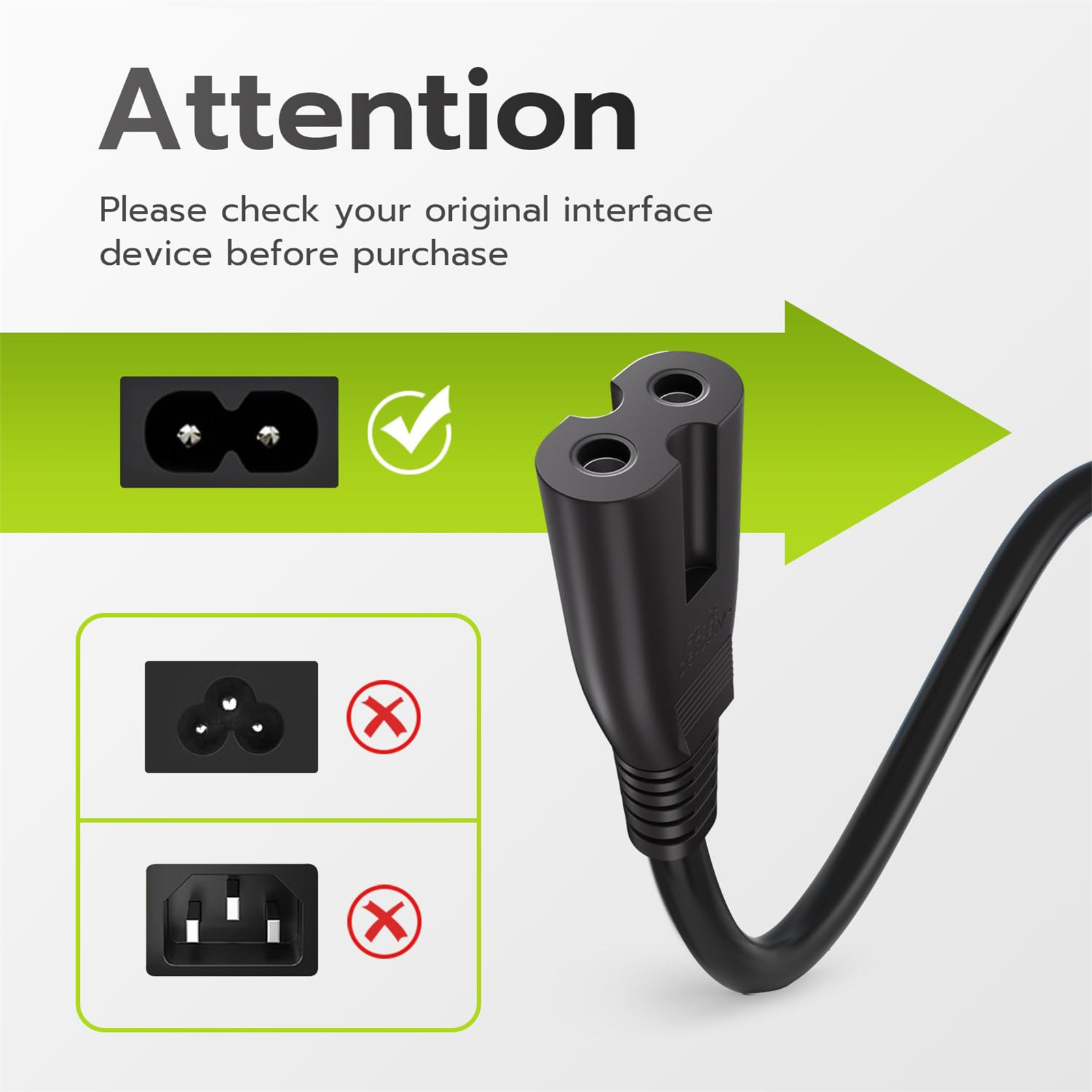 Ein Netzkabel mit zwei Stiften wird gezeigt, wobei die korrekte Form hervorgehoben und falsche Formen markiert sind.