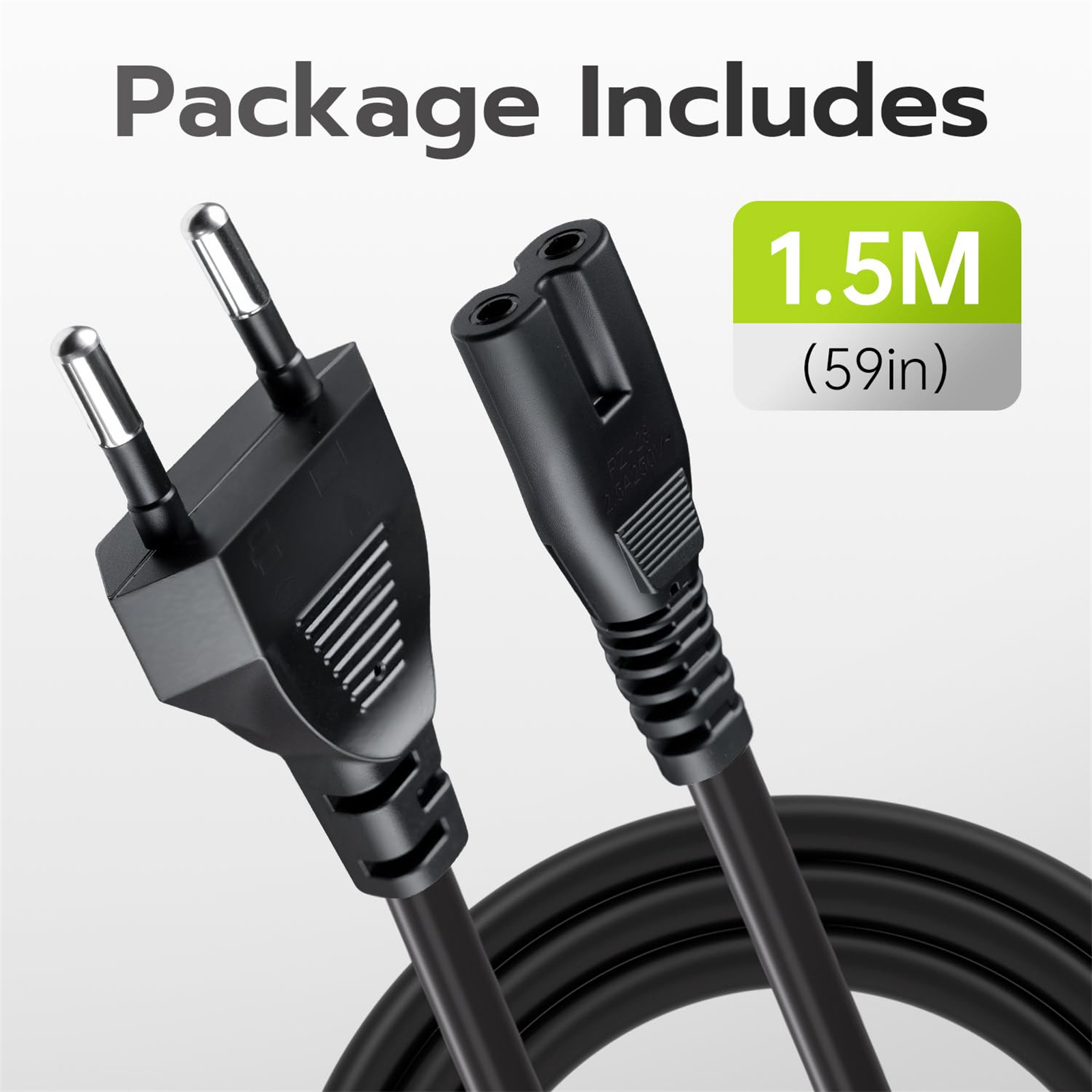 Schwarzes Netzkabel mit Stecker und Anschluss. Text: Paket beinhaltet 1,5 m (59 Zoll).