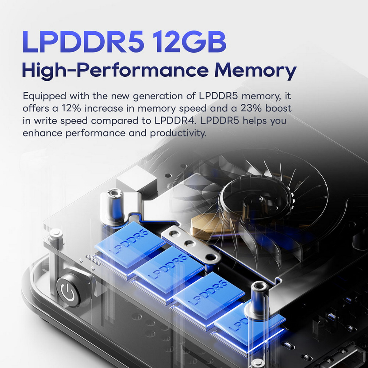 Komponenty komputera z tekstem. Podkreśla pamięć LPDDR5 12 GB i jej funkcje.