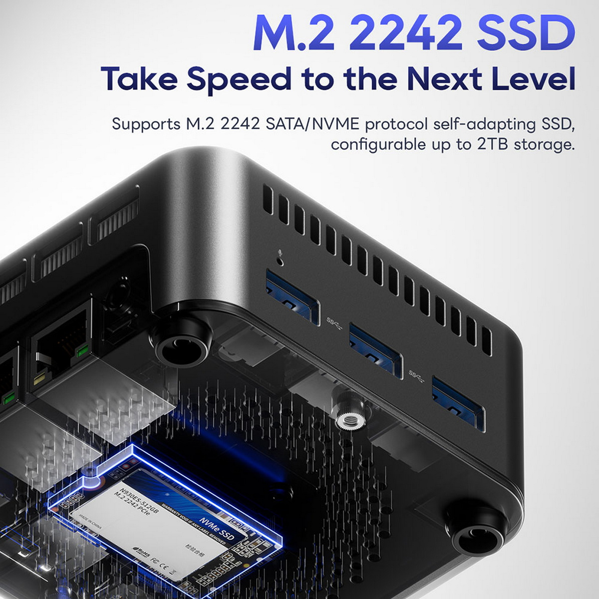Czarny i srebrny komponent komputera. Tekst: M.2 2242 SSD. Przenieś prędkość na wyższy poziom.