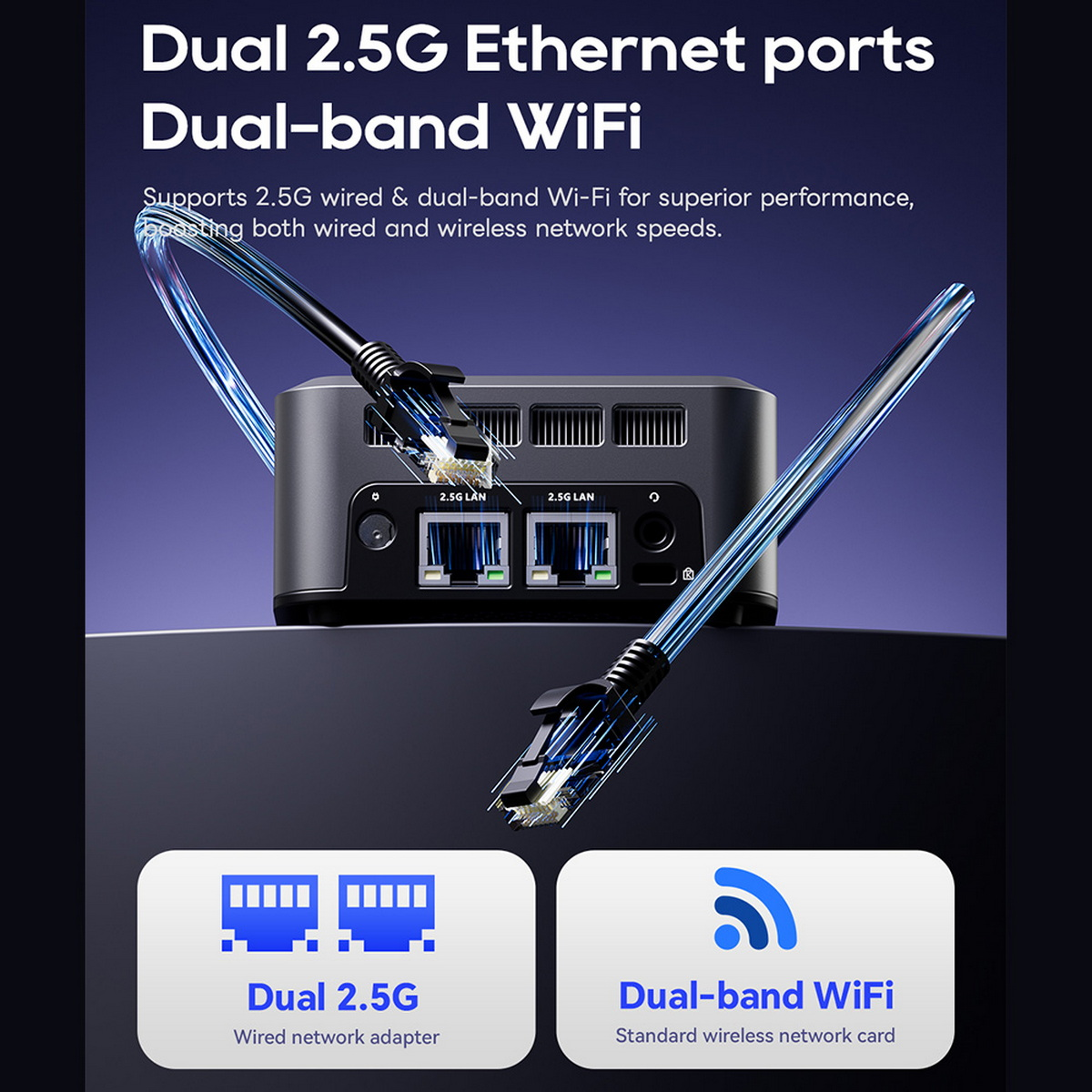 Urządzenie sieciowe z tekstem. Pokazuje podwójne porty Ethernet 2,5G i funkcje Wi-Fi dwuzakresowego.