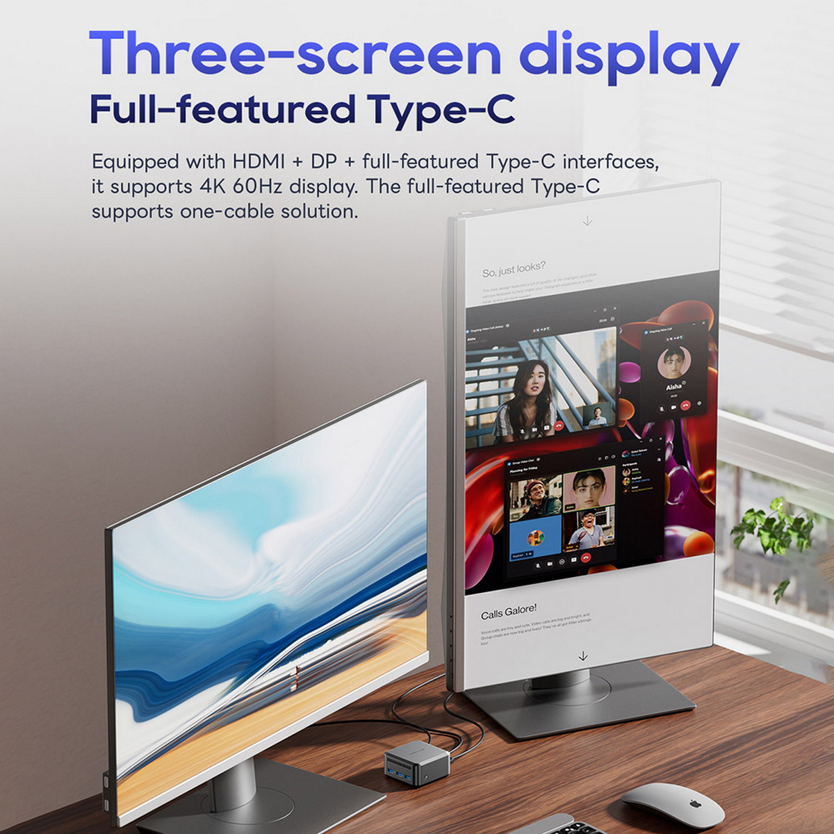 Trzy monitory wyświetlają treść. Małe urządzenie znajduje się pod monitorami. Ekrany pokazują aplikacje.