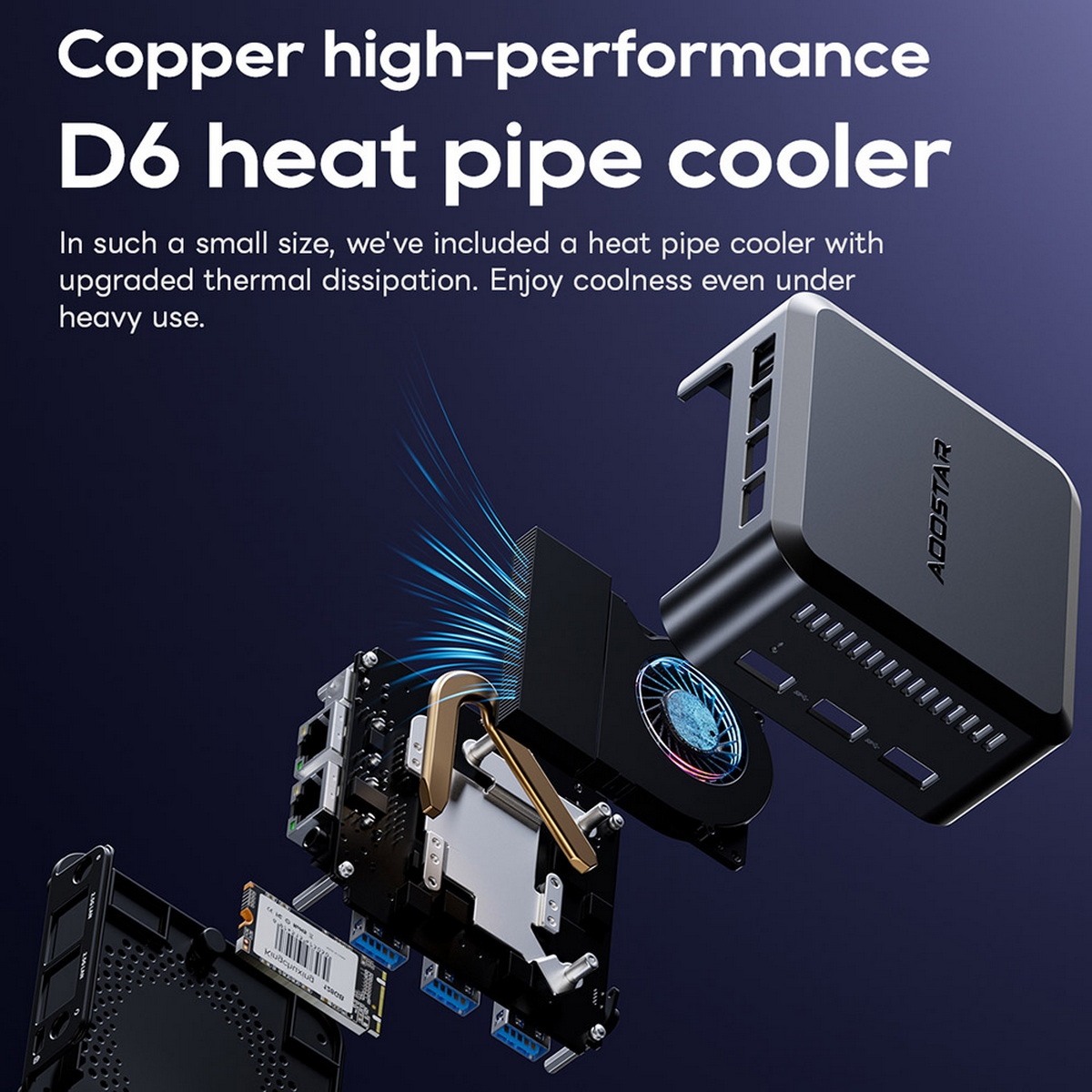 Widok rozstrzelony czarnej chłodziarki. Tekst: Miedziana chłodziarka z rurką cieplną D6 o wysokiej wydajności.