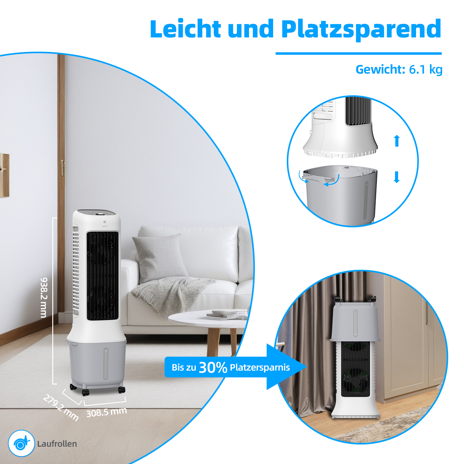 Ein großer Luftkühler wird gezeigt. Eine Einlage zeigt den zerlegten Kühler und ein Diagramm zeigt seine Abmessungen.