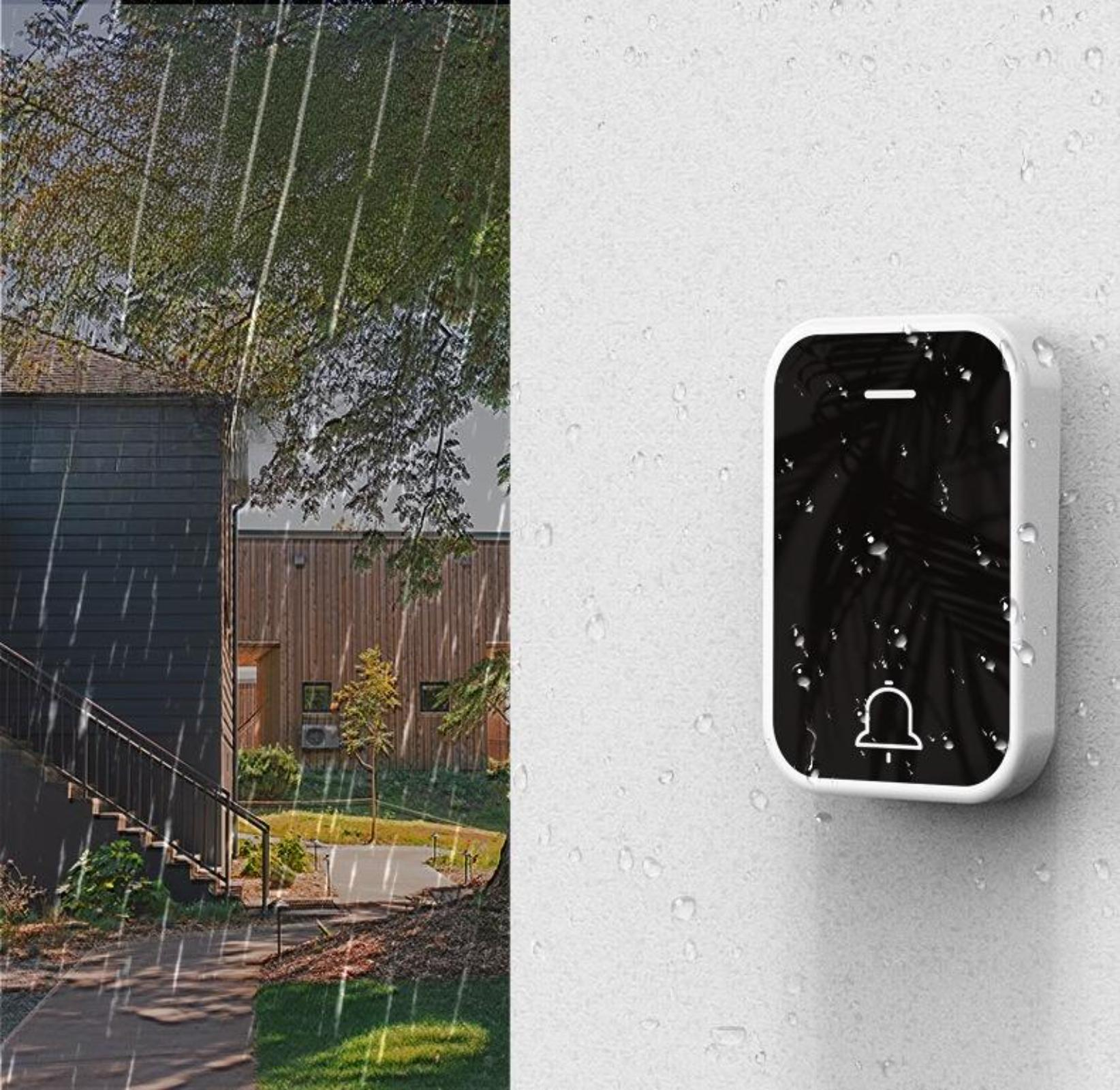 Eine weiße Türklingel an einer Wand im Regen. Regentropfen sind sichtbar. Die Wand befindet sich neben einem Gebäude und Bäumen.
