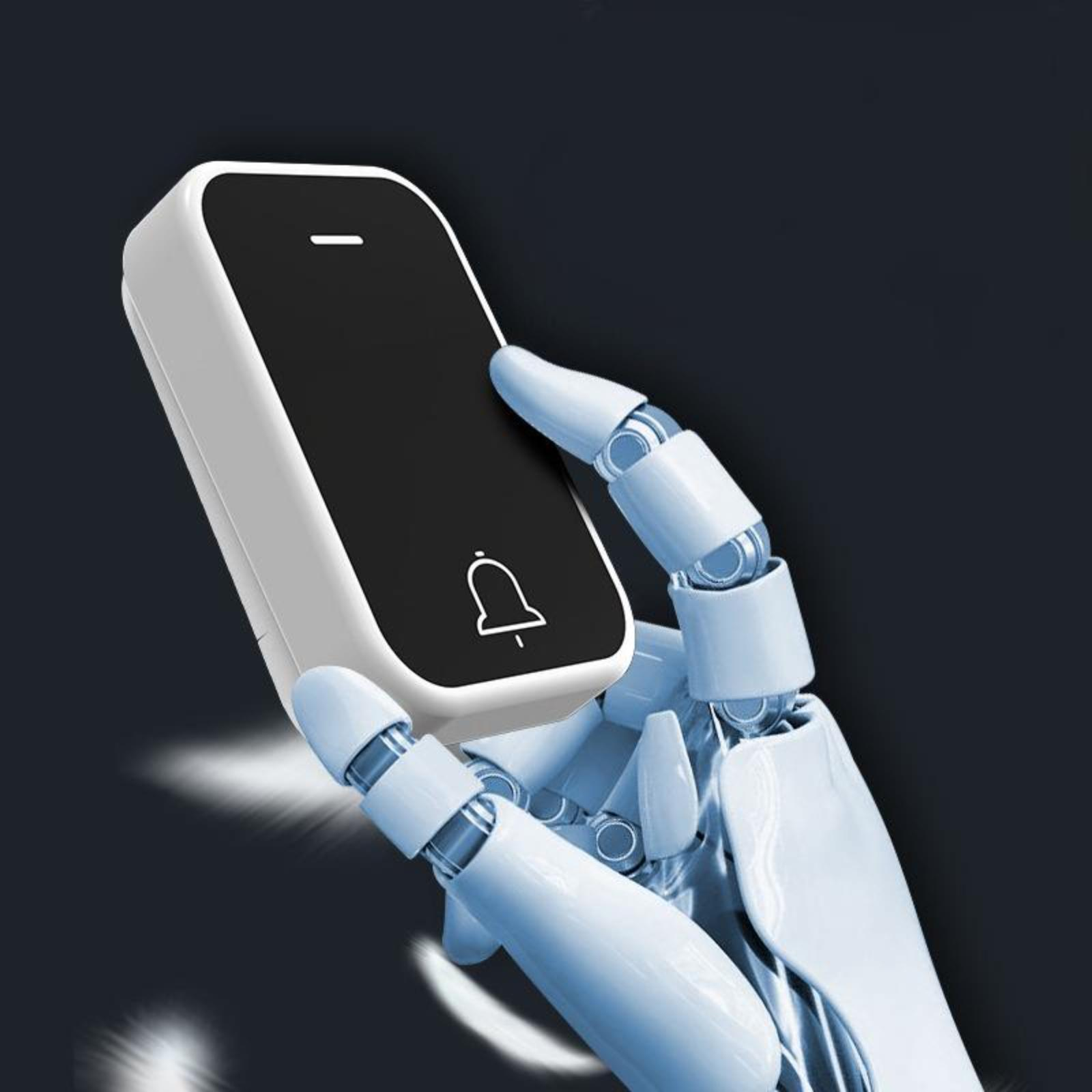 Ein Roboterarm hält ein weißes Gerät mit einem Glockensymbol. Dunkler Hintergrund.