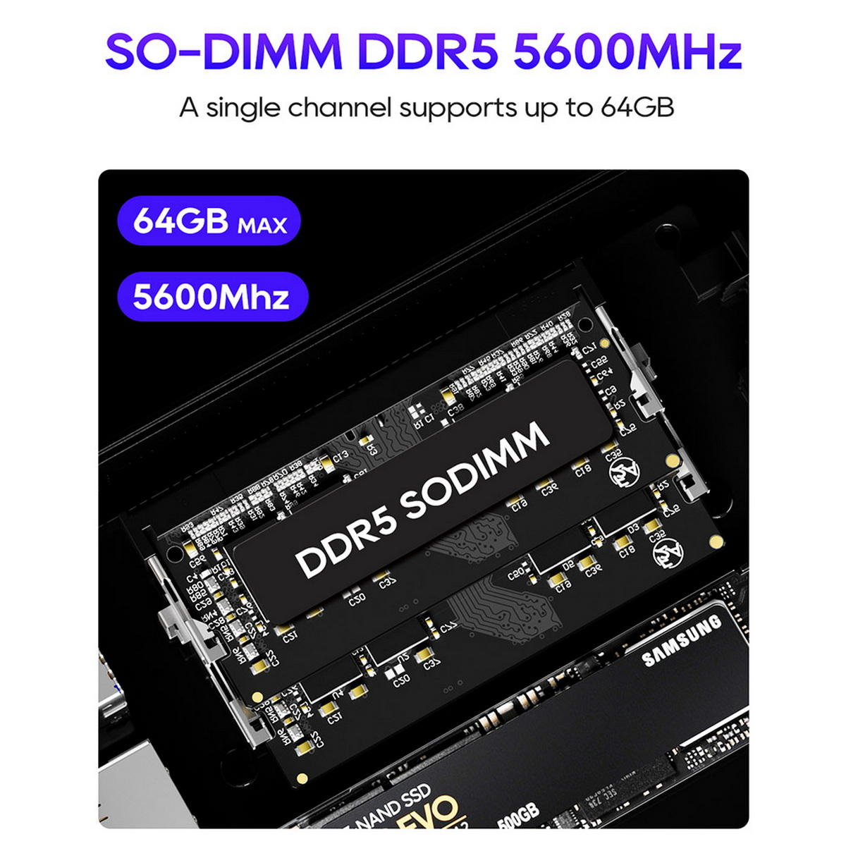 Czarny moduł RAM DDR5 SODIMM z dyskiem SSD Samsung na czarnym tle.