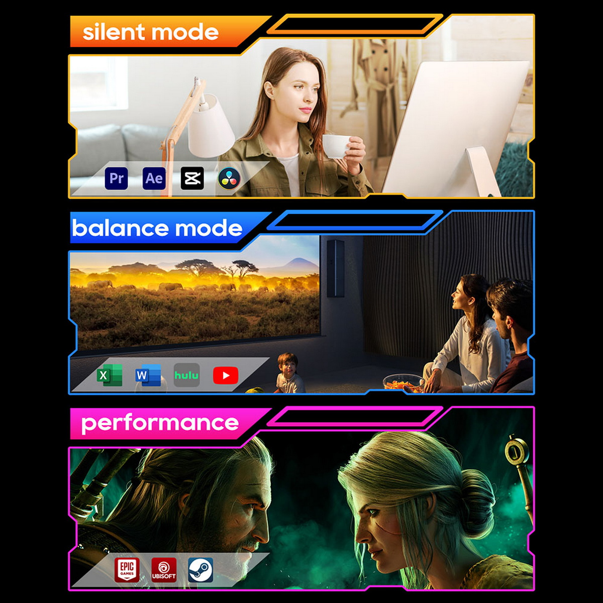 Trzypanelowy obraz przedstawiający sceny z kobietą, rodziną i dwiema postaciami, różne tryby.