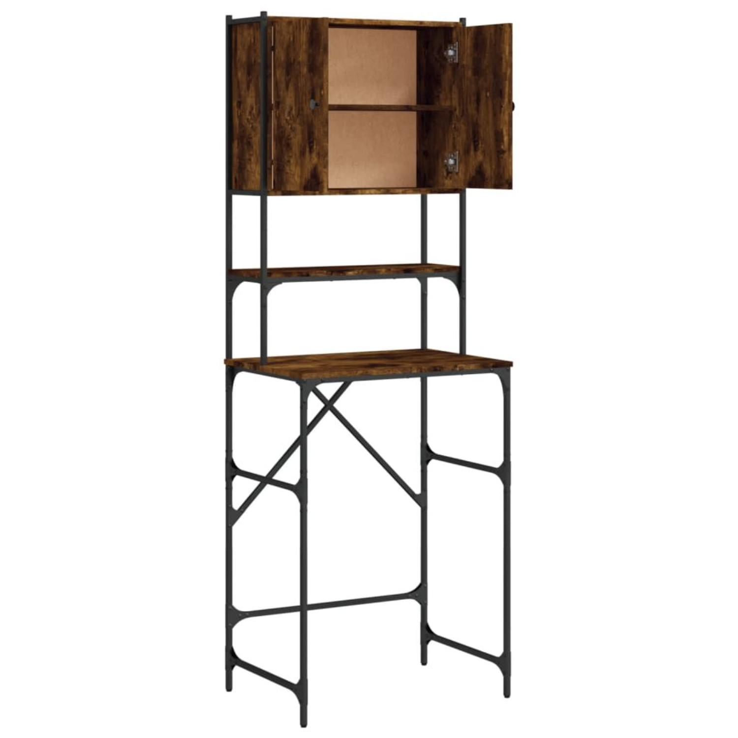 Hohes Holz- und Metall-Aufbewahrungsmöbel mit Regalen, Schreibtisch und offenem Schrank.