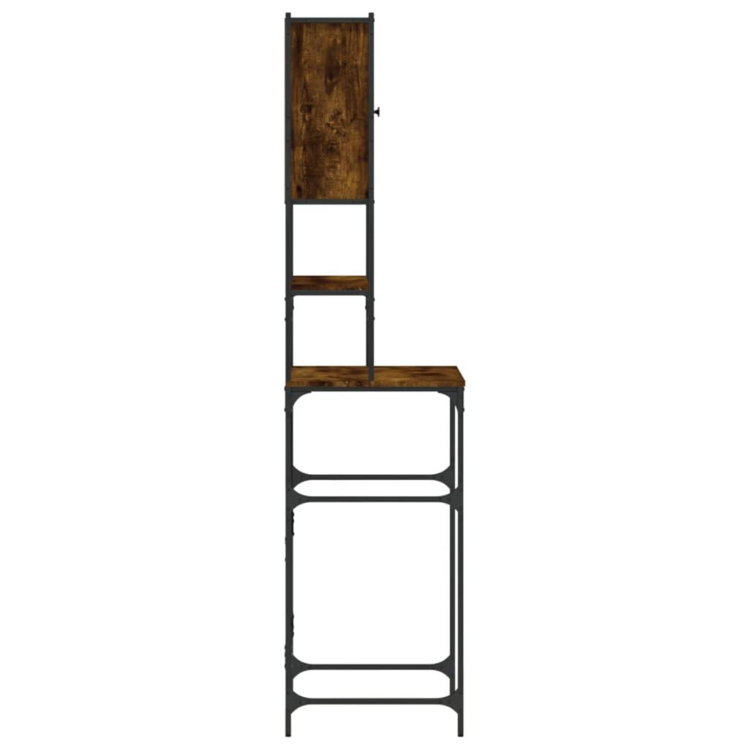 Vertikales Regal mit dunklem Holz und schwarzem Metallrahmen. Es hat einen Schrank, Regale und einen Schreibtisch.