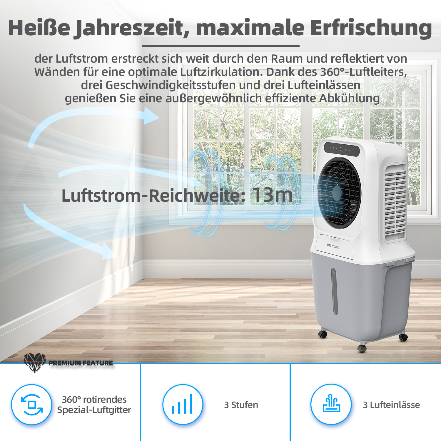 Ein weißer und grauer Luftkühler mit dem Text 'Be Cool', mit einem Fenster im Hintergrund.