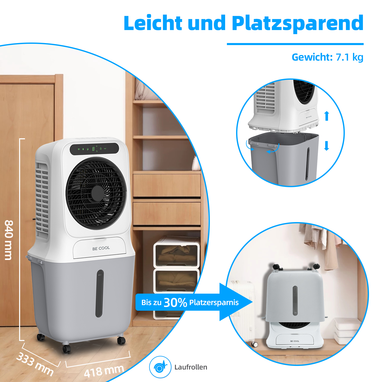 Luftkühler mit Abmessungen und Stauraumfunktionen, die Größe und Platzersparnis zeigen.