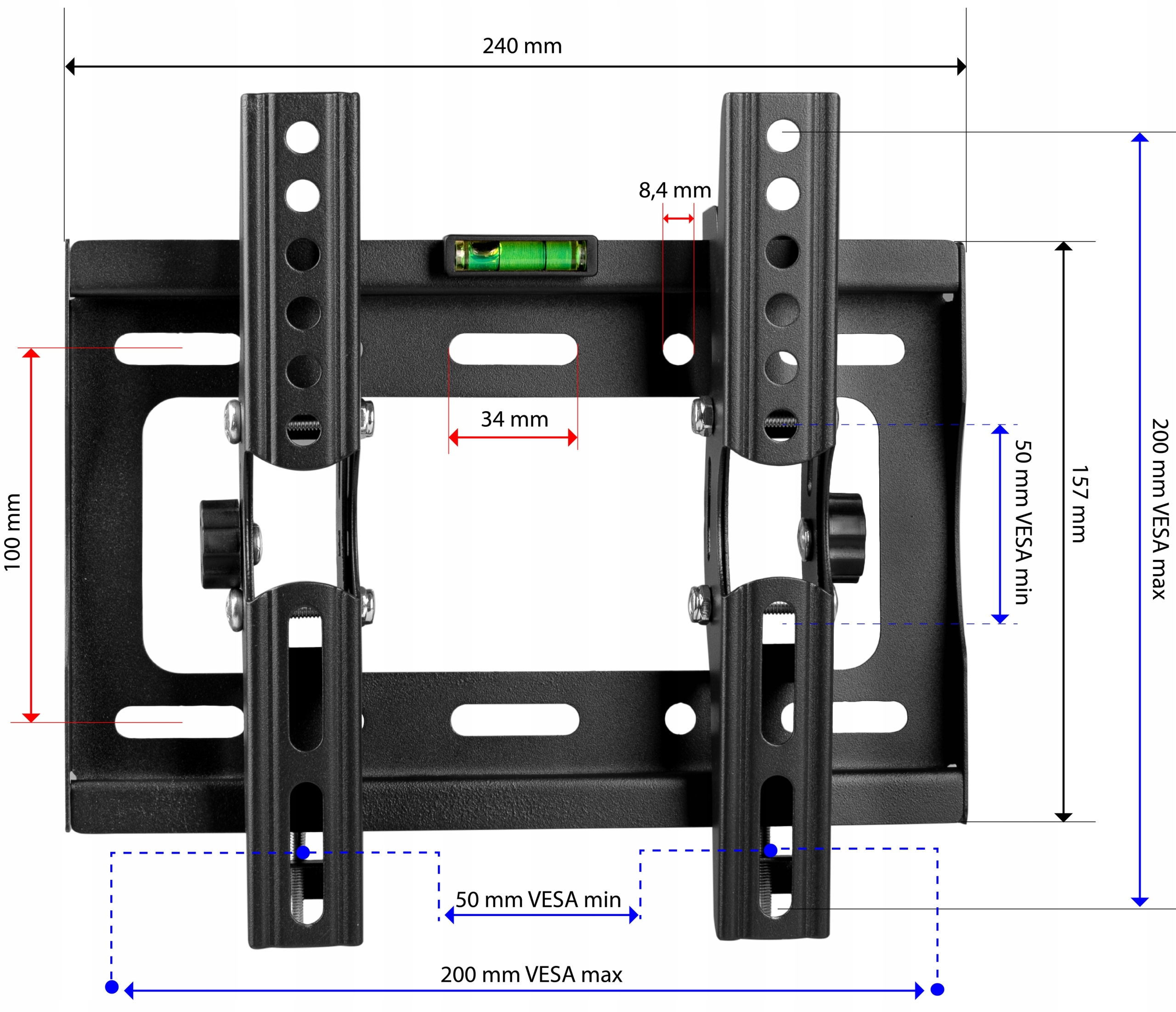 Czarny uchwyt ścienny do telewizora z wymiarami w mm, z poziomicą. Uchwyt jest metalowy.