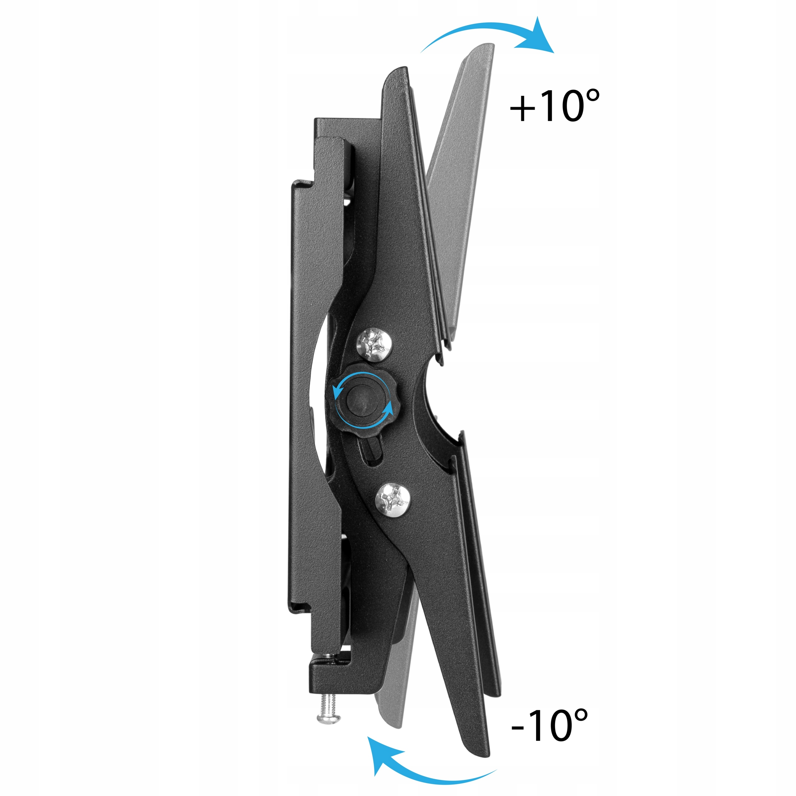 Czarny uchwyt ścienny do telewizora, który można pochylać w górę i w dół, ze wskazanymi stopniami.