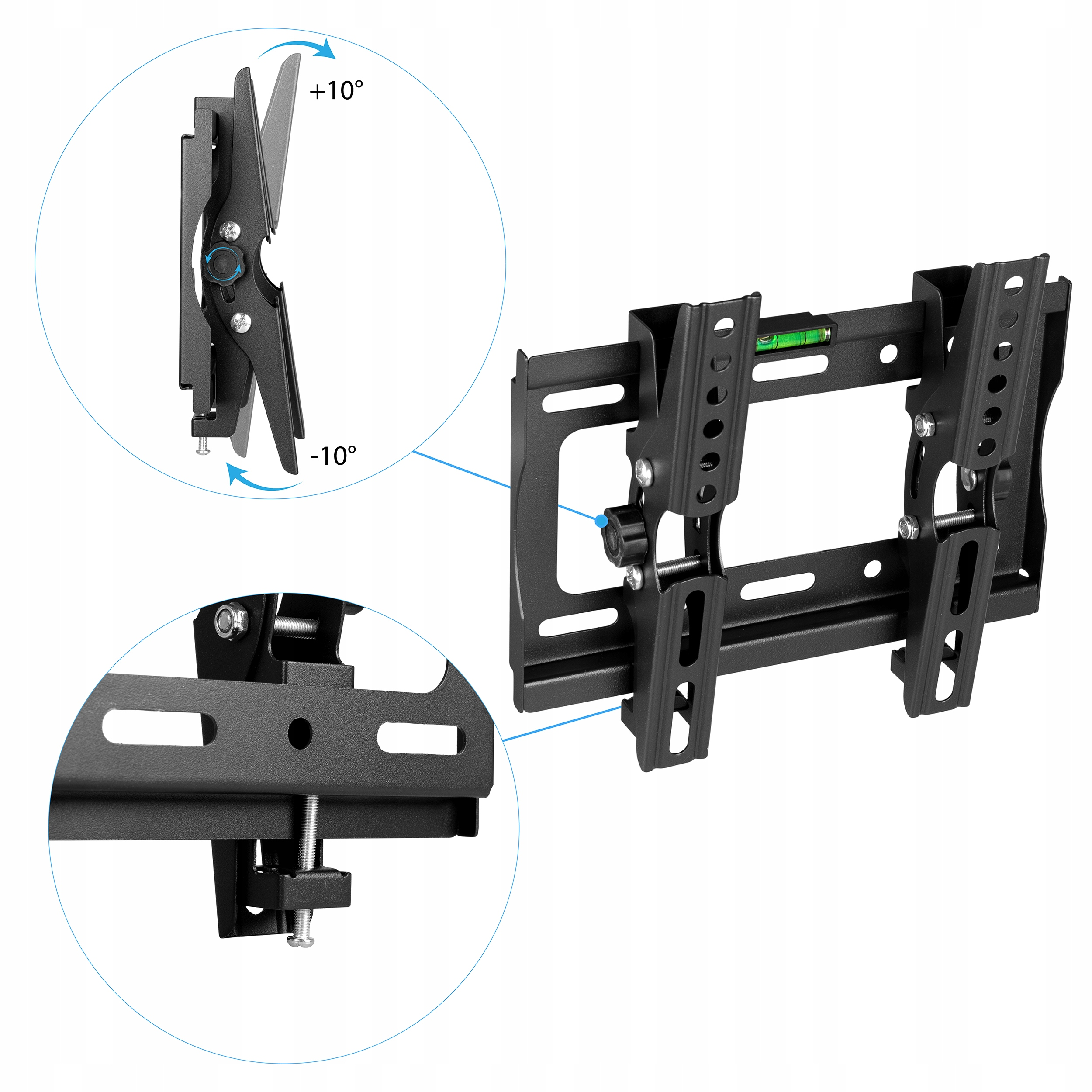 Czarny uchwyt TV ze szczegółami regulacji pochylenia. Zawiera zbliżenia i wskaźniki kąta.