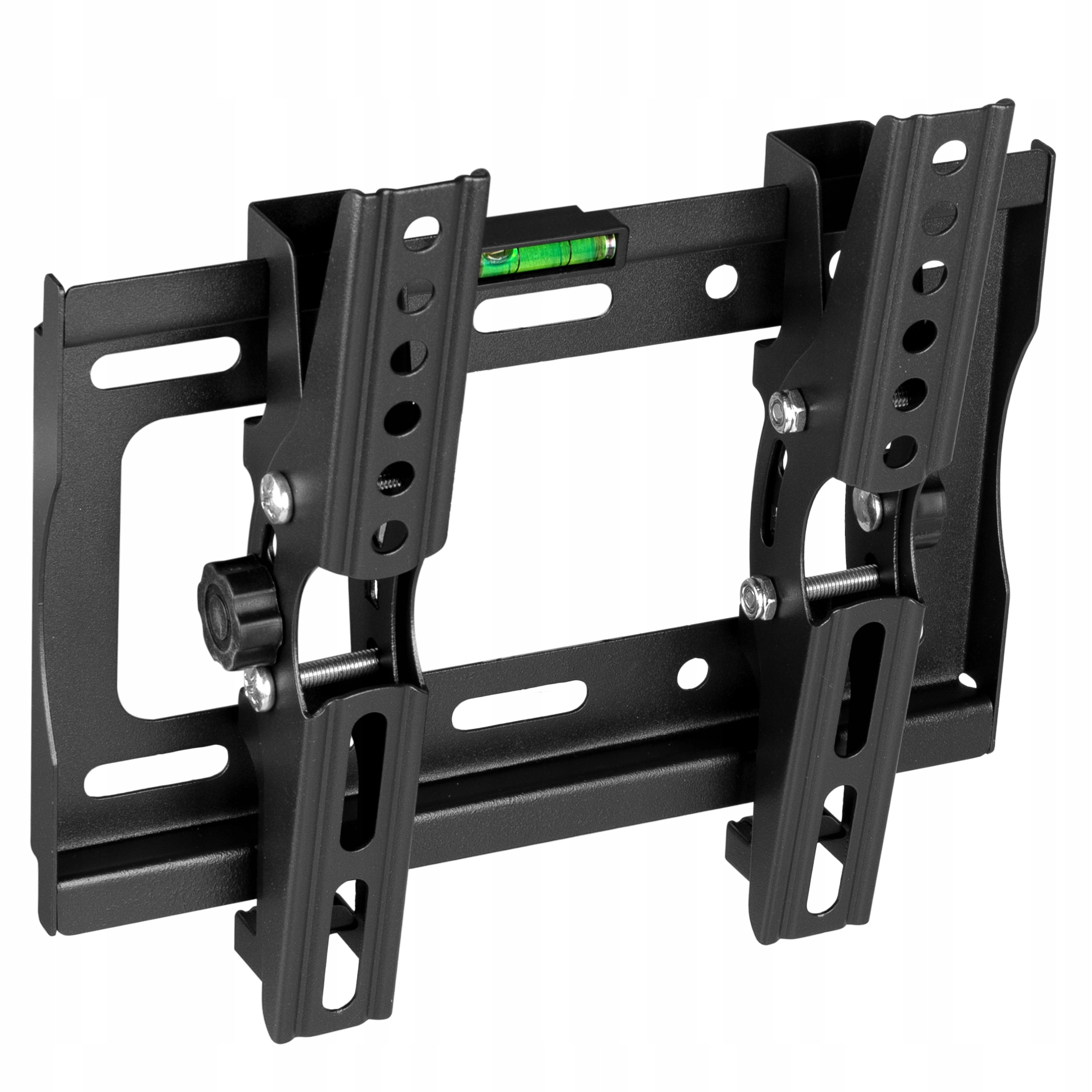 Czarny uchwyt TV z poziomem i punktami regulacji, widoczne elementy montażowe, na białym tle.