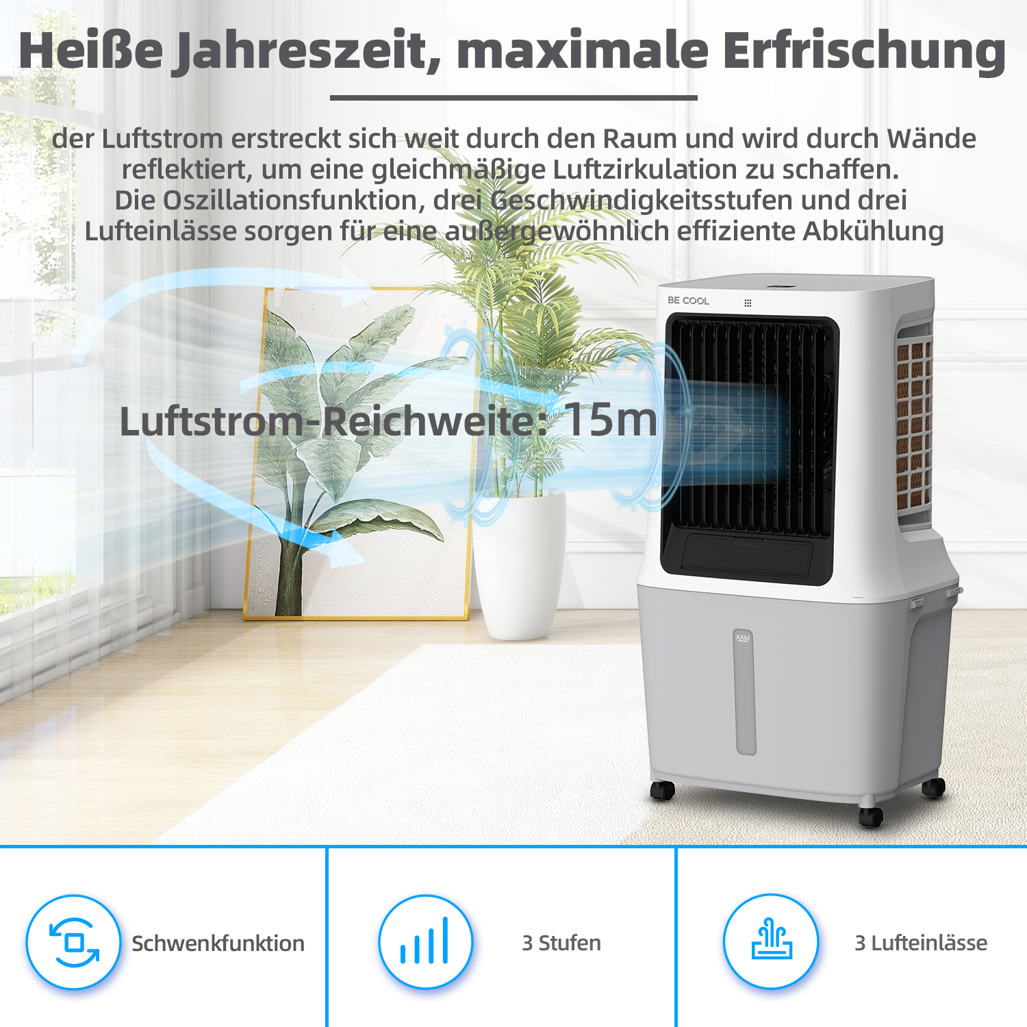 Weißer und grauer Luftkühler, Pfeile zeigen Luftstrom, und Text über Funktionen.